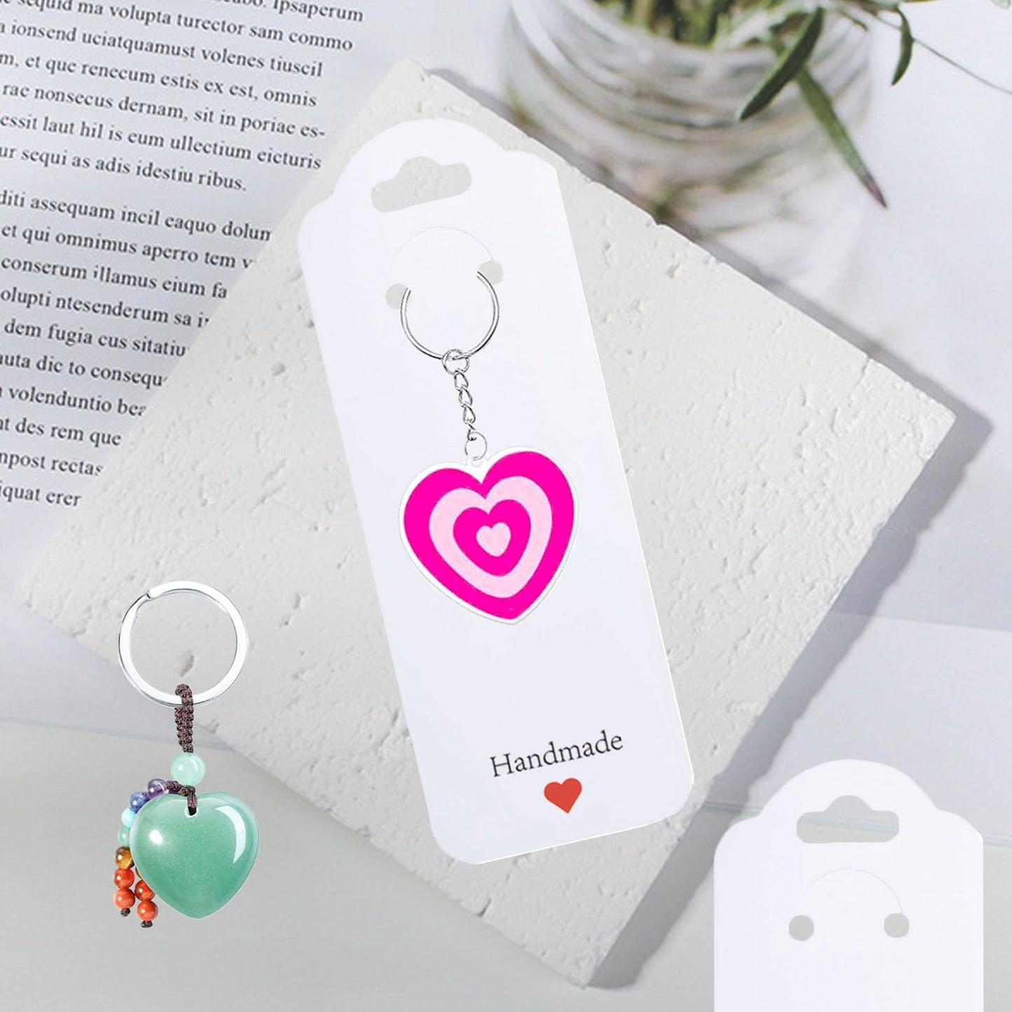 100PCS Keychain Display Cards with Clear Bags, 2.16'' x 6'' Handmade with Love Kraft Paper Jewelry Cards for Small Business Selling, Bulk Keychains Packaging Supplies (White)
