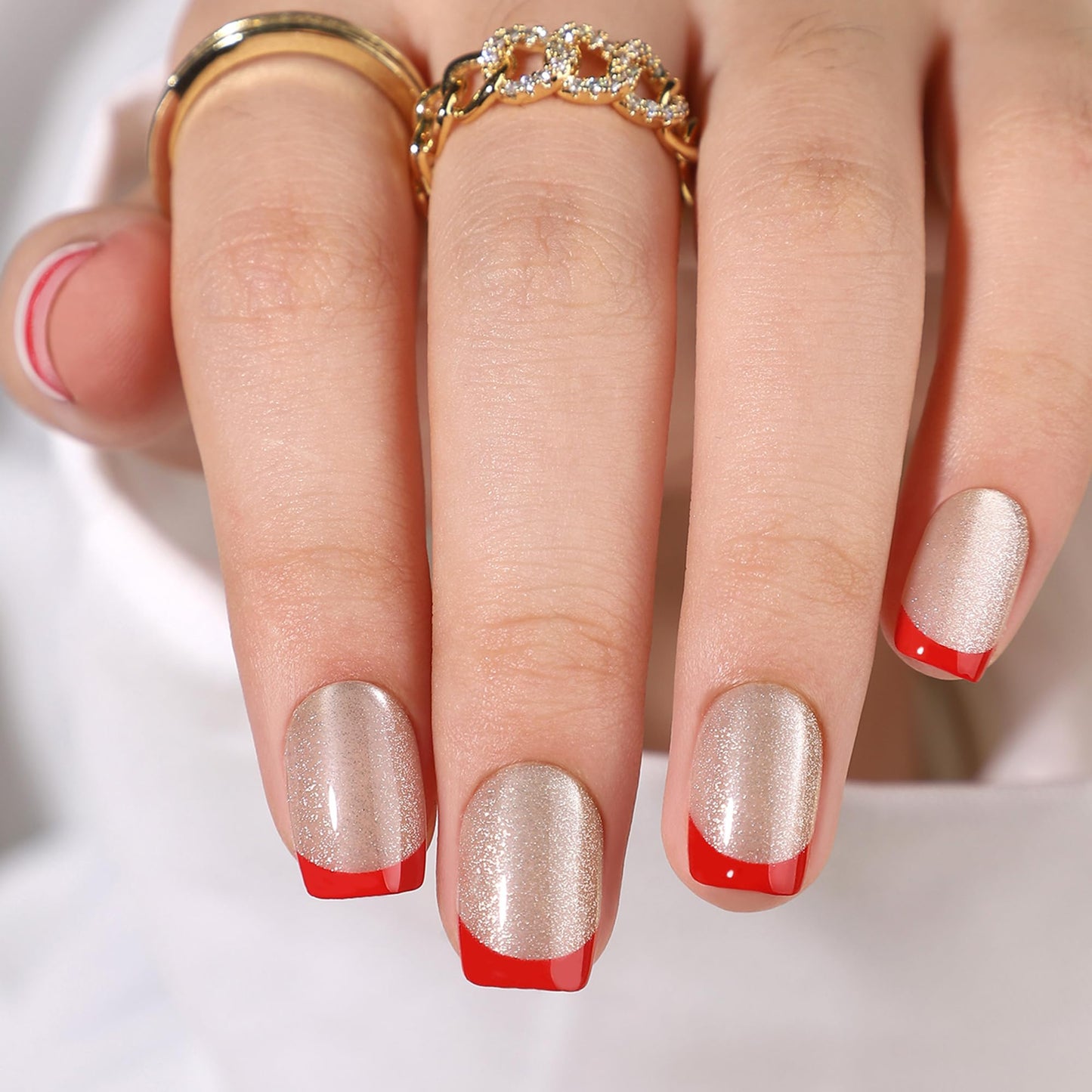 WAFOLOZE French Tip Press On Nails - Golden Cat's Eye Fake Nails with Red French Designs, Glue On Nails Short, Artificial Nails 16 Sizes - 32Pcs Reusable Soft Gel False Nails Tips Kit