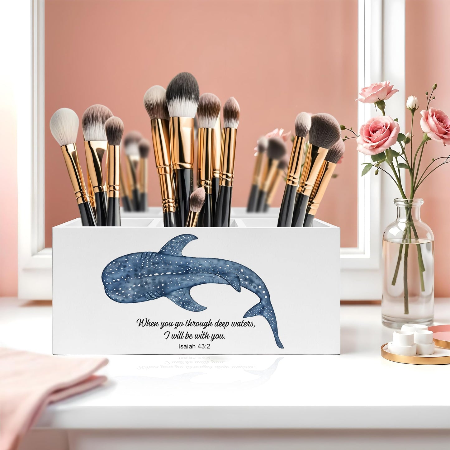 Exqcom Whale Shark Bible Verses Pen Pencil Holder, Inspirational Christian Desk Decor, When You Go Through Deep Waters Scripture Pencil Pen Holder Organizer for Home Office Desk Accessories