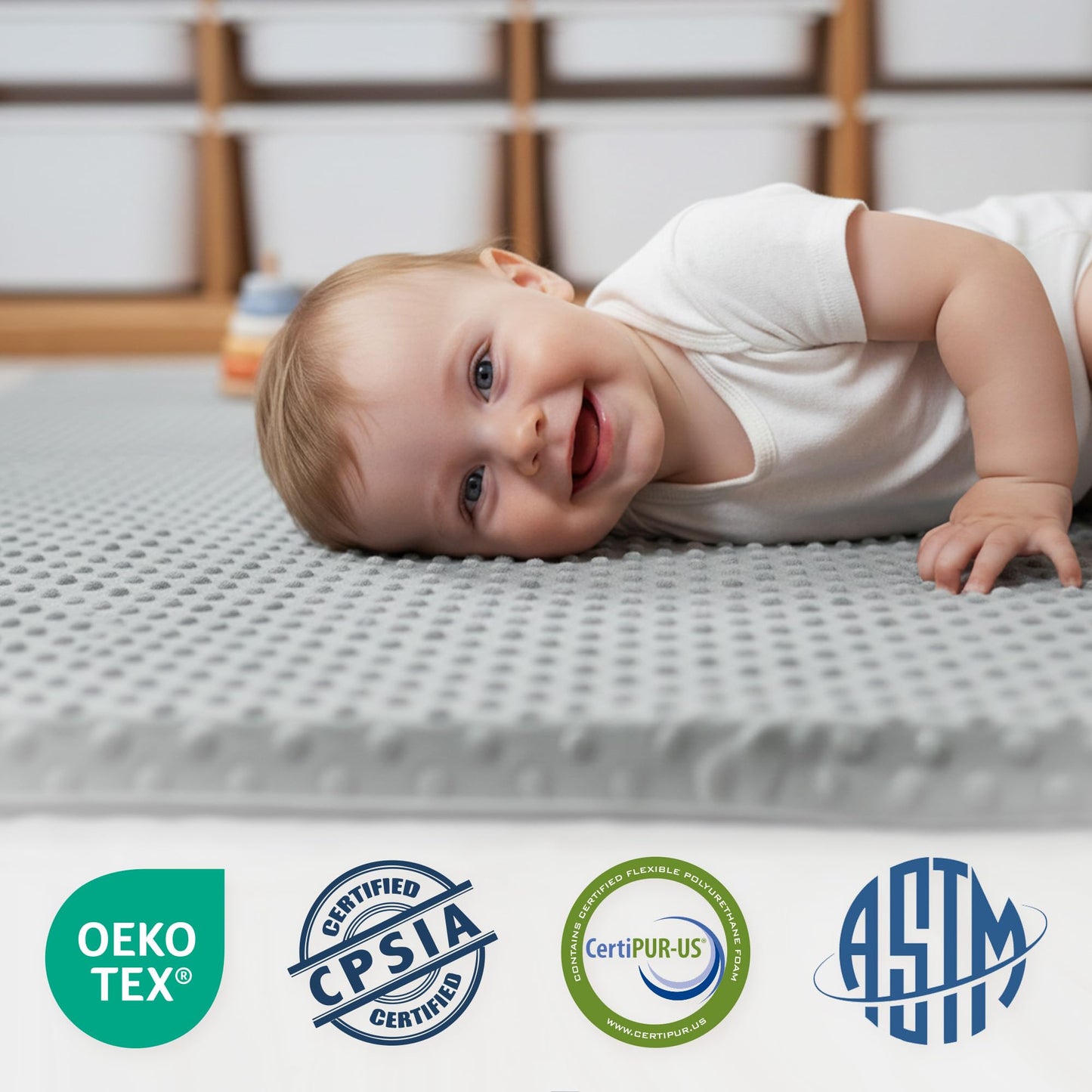 Huloo Sleep Baby Floor Play Mat for Playpen, Extra Thick 50"x50" Padded Mat with Ultra Soft 3D Minky Dot & Removable Washable Cover, Non-Slip & Safe for Crawling,Tummy Time,Infant/Toddler (Grey)