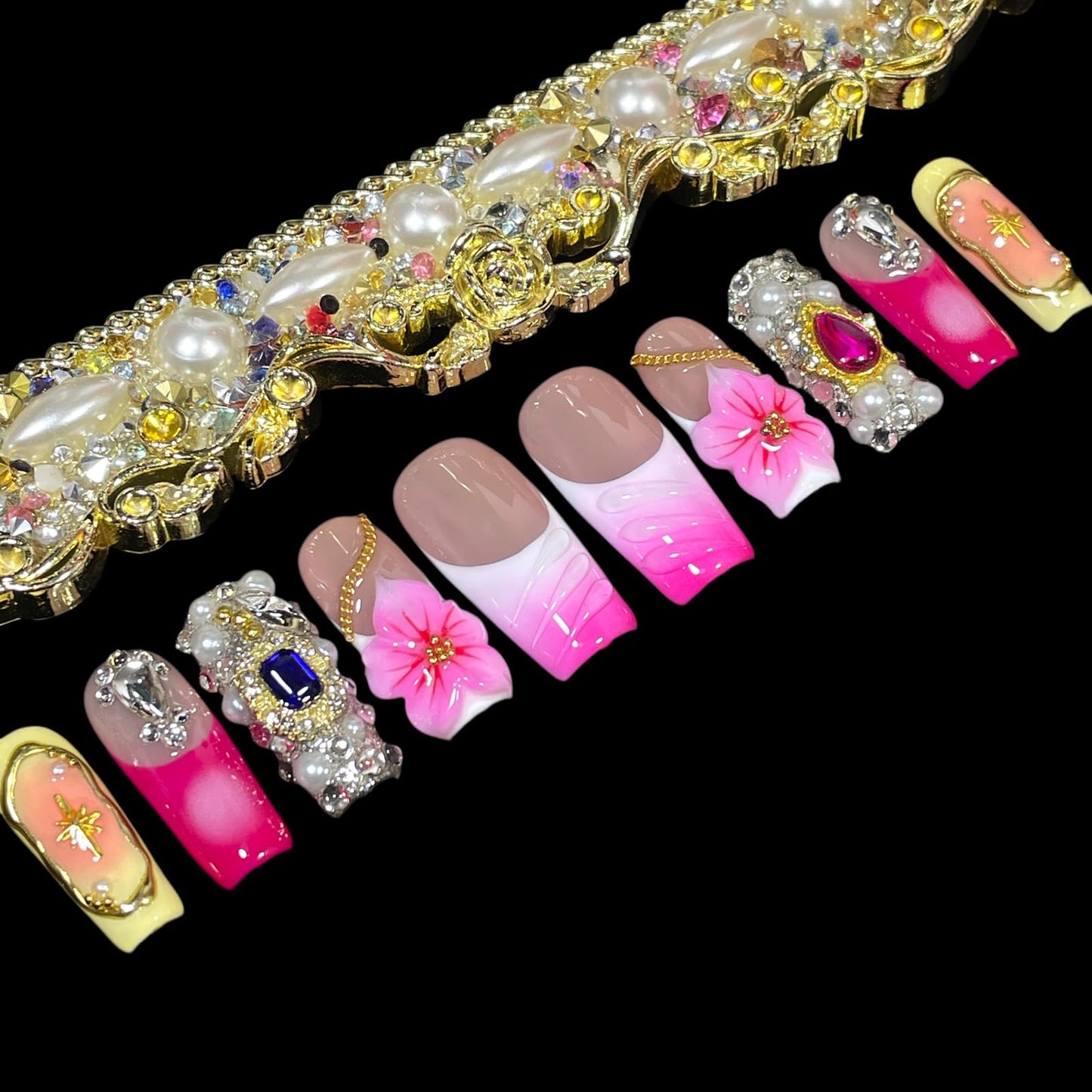 Handmade Press on Nails - 3D Pink Floral Design with Full Diamond & Gold Chains, Medium Long Square Shape Acrylic False Nails, Reusable Luxury Glam Nail Art (Satin Rose, L)