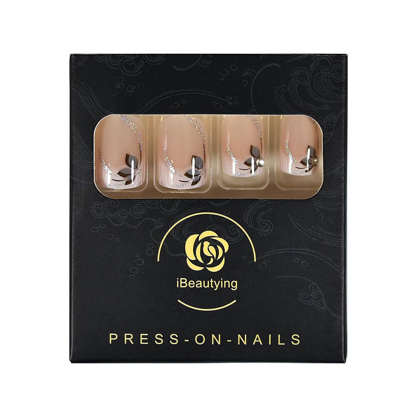 iBeautying Press on Nails - Shiny Short Flower Glitter Deco Ombre False Nails | UV Gel Finish Medium Short Coffin Flat Shape Reusable Fake Nails - 24 Nail Kit with Jelly Glue Pad