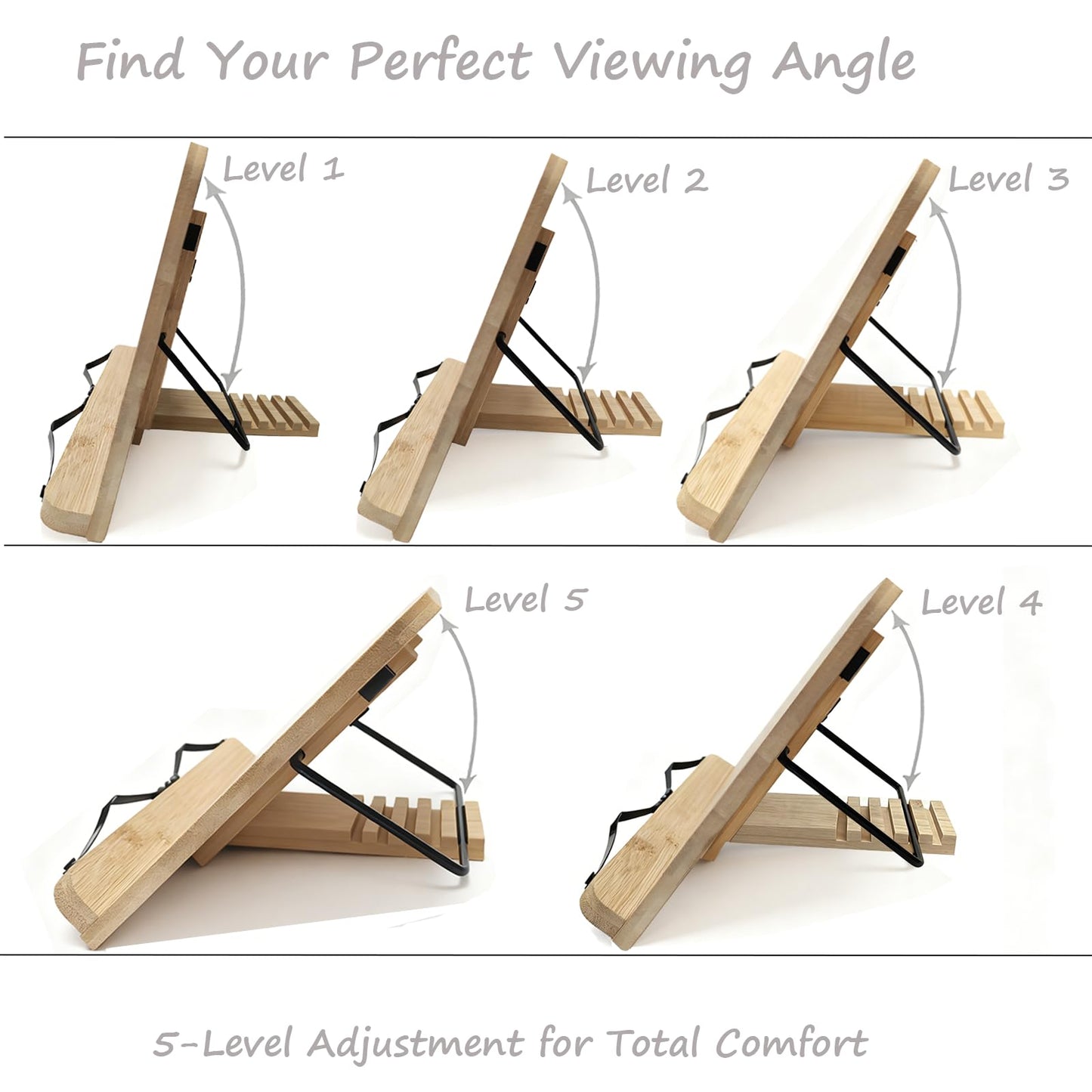 Cookbook Stand for Kitchen Counter, 5-Level Adjustable Elegant Bamboo Recipe Book Holder, All-in-One Design Locks Flat for Easy Storage, Holds 1 inch Thick Books for Cooking, Working, and Studying