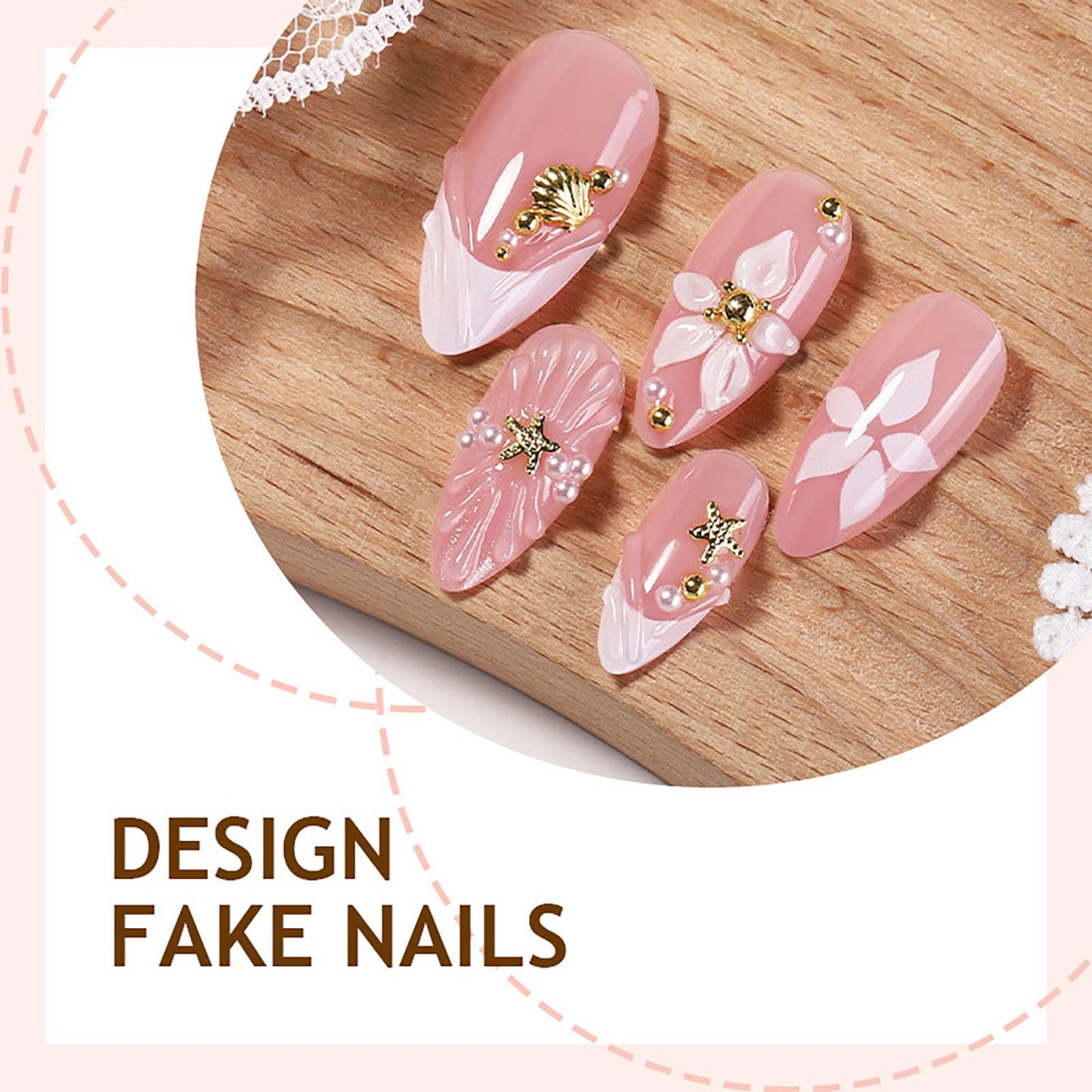 RUOKEXIN Almond Press on Nails Medium Fake Nails French Tip False Nails with 3D Flower Shell Designs Beach Nail Press ons Spring Summer Artificial Nails for Women 24Pcs
