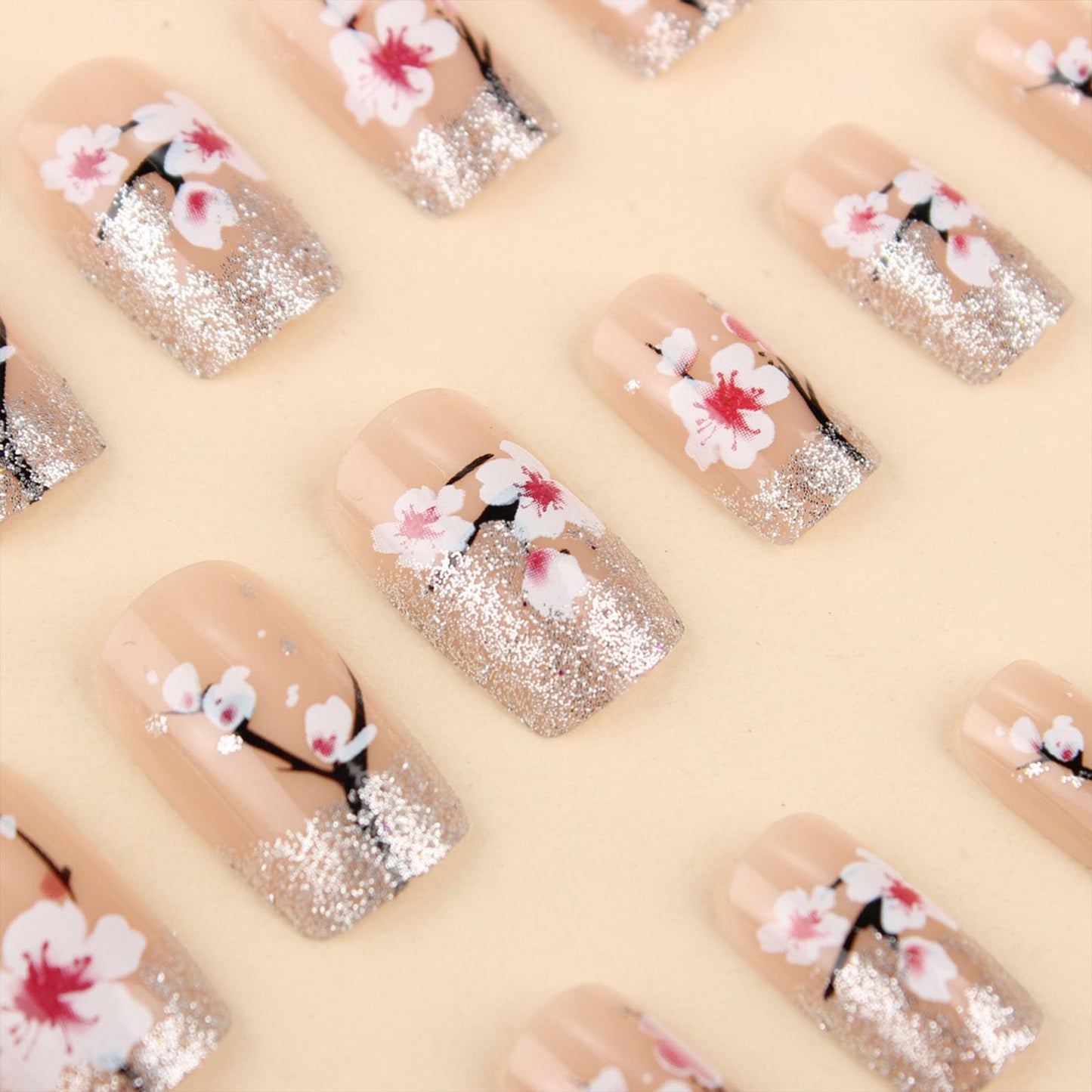 French Tip Press on Nails Square Medium Fake Nails with White Flower Black Lines Silver Glitter Designs Glossy Glue on Nails Nude Nails Press ons Acrylic Artificial Stick on Nails for Women 24Pcs