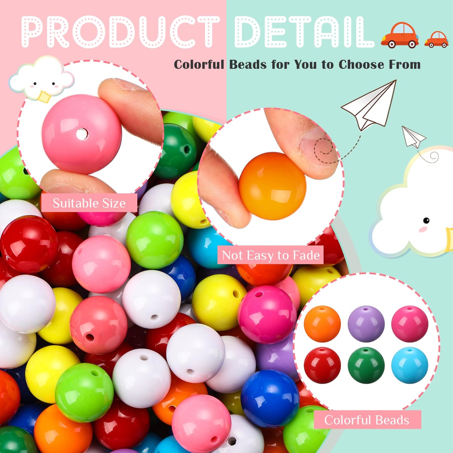 Huquary 170 Pcs Round Bubblegum Beads - 20 mm Multicolor Acrylic Chunky Mixed Color Opaque Beads with 3 mm Hole for Pen Necklace Jewelry Making Crafts Supplies