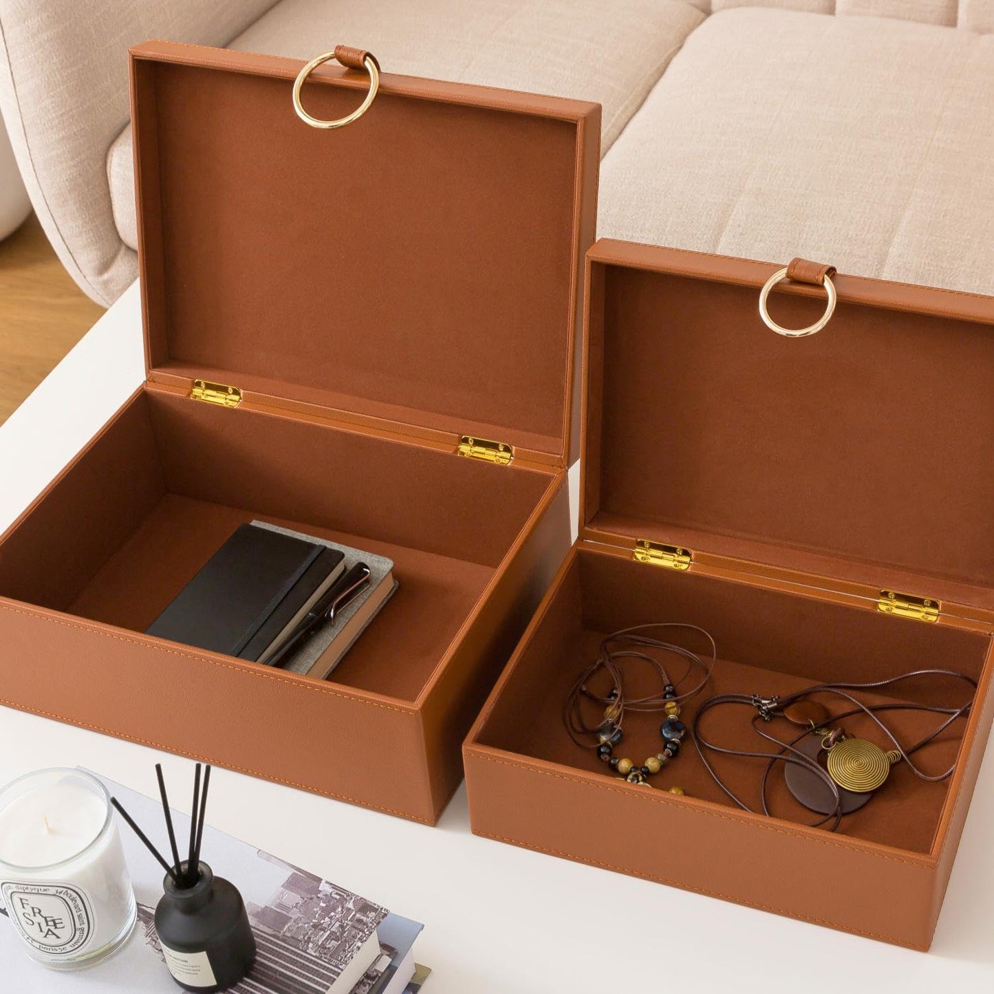 Soul & Lane Faux Leather Storage Box Set, 2 Decorative Boxes with Lids for Home Decor, Coffee Table and Living Room Shelf Organization, Remote Control Holder with Stacking Design, Warm Saddle Brown