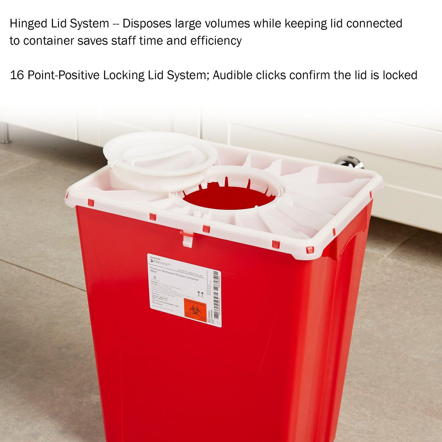 McKesson Prevent Premium Biohazard Sharps Container - Vertical Entry, Rotating Lid - Red and White, 18 gal, 13 in x 17 3/10 in x 24 3/5 in, 7 Count