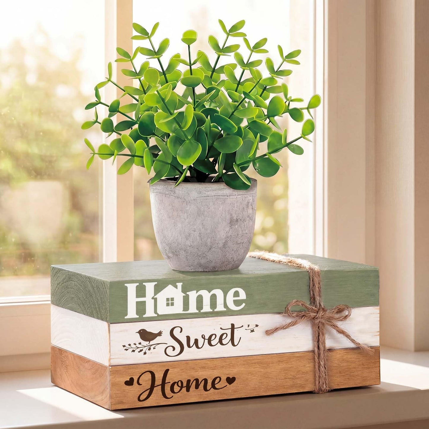 Wesiti 4 Pcs Spring Table Centerpieces with Fake Eucalyptus Pot Plant Home Sweet Home Decoration Farmhouse Tiered Tray Tabletop Decor Wooden Stack Book Block Sign for Desk Shelf Housewarming Gift