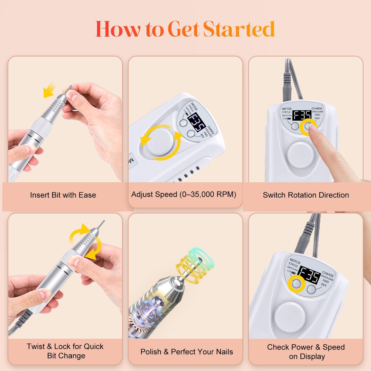 Professional Nail Drill Electric File:COYZU 35000RPM Portable Cordless Nail Drill Machine with Bits, Rechargeable E File for Acrylic & Gel Nails, Manicure & Pedicure Tech Tool for Home Salon, White