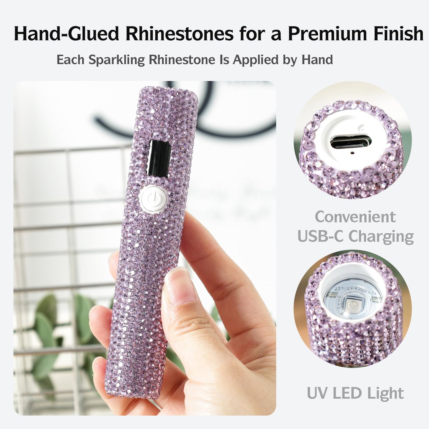 keeyada Handheld UV Nail Lamp with Sparkly Rhinestones, 3W Portable LED Nail Lamp, Wireless Rechargeable USB Nail Dryer with Silicone Stamper, LCD Display, Ideal for Home DIY Manicures (Violet)