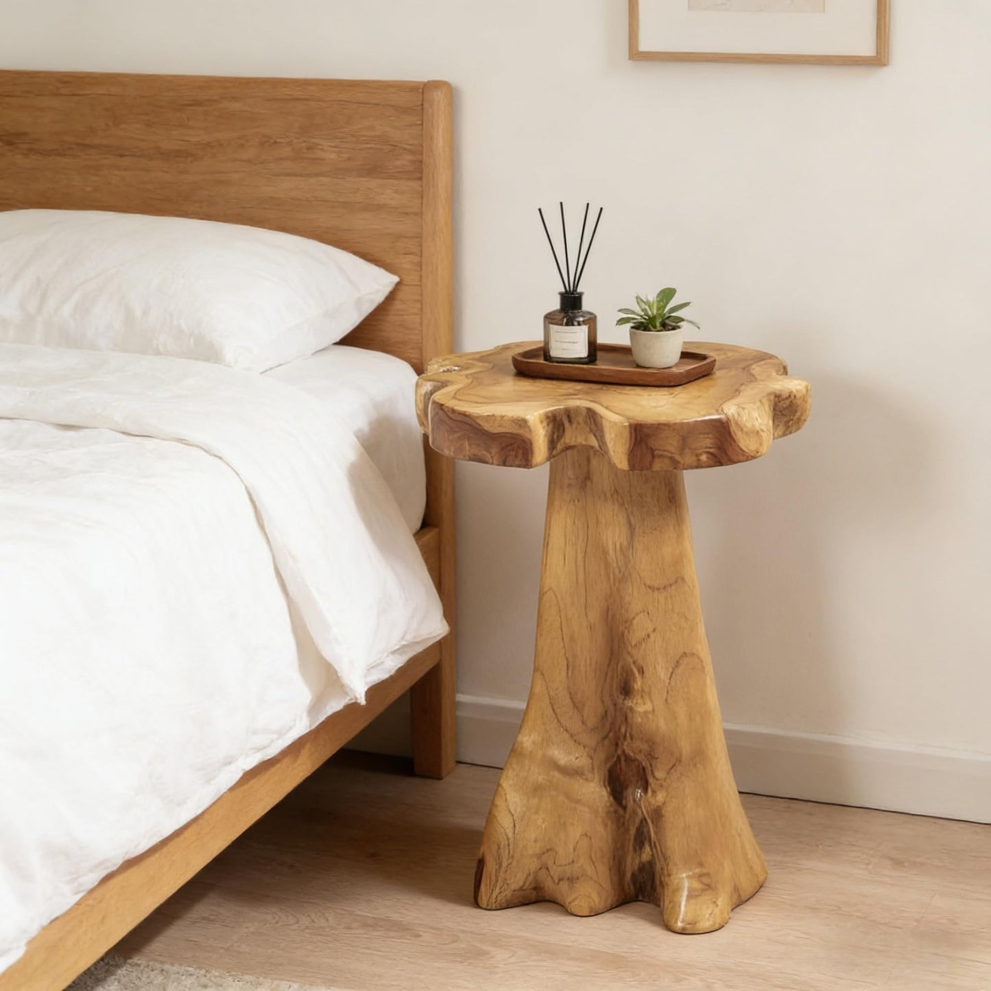 Greenage Solid Teak Wood Plant Stand 15.5" x 15.5" x 19.5" H | Rustic Live Edge End Table for Living Room Bedroom | Tree Stump Style Side Table for Coffee or Courtyard Decor