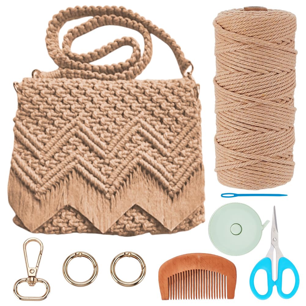 INFUNLY DIY Macrame Bag Kit for Adults Beginners Brown Boho Macrame Tote Bag with Tassels Knotting Handbag Macrame Kit Shoulder Bag Macrame Kit for Holiday with Video Instruction for Women Beach Gift