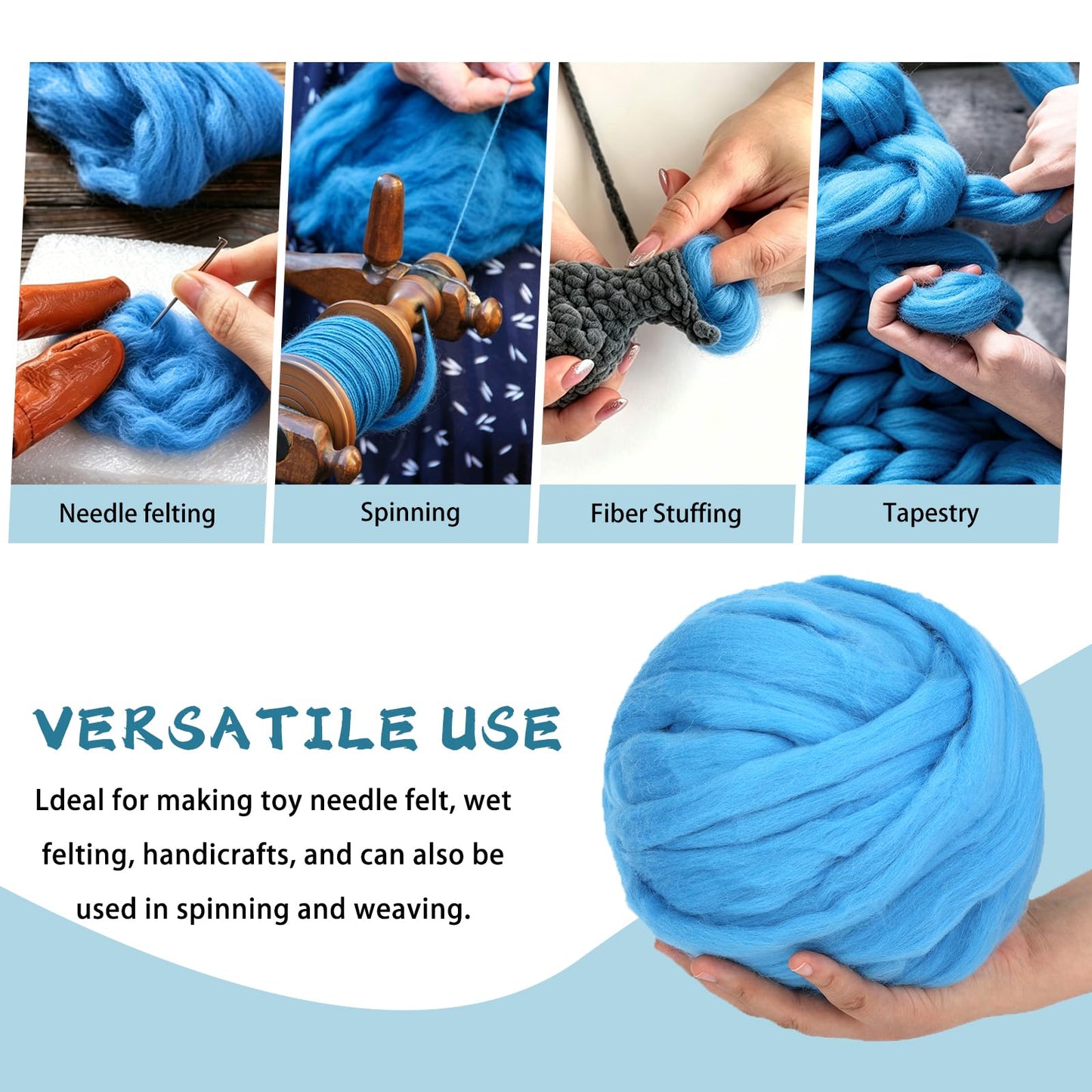 Core Wool for Needle Felting, 8 OZ Merino Wool Roving, Soft Felting Wool for Spinning, Needle Felting Supplies, Chunky Yarn, and Wet Felting, Blue