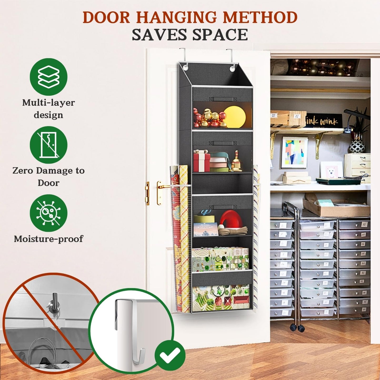Over Door Wrapping Paper Organizer Storage with 3 Removable Drawers & Side Pockets – Dual Use Design with Elastic Straps – Christmas Gift Wrap Storage for Ribbons, Bows, Ornament and Other Tools 1Pack