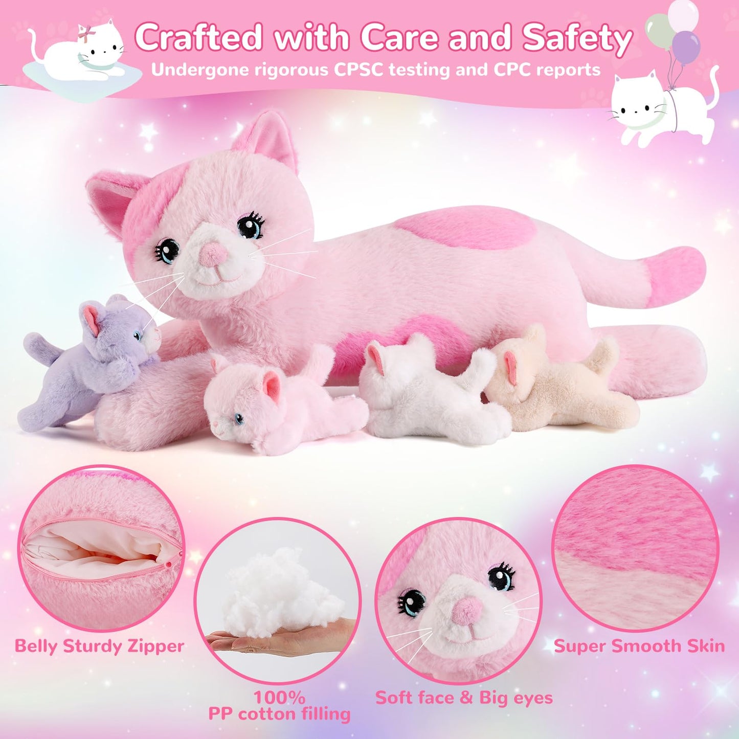 gnomantic 5 Pieces Cat Stuffed Animals with Babies Inside Belly - 1 Mommy Stuffed Cat with 4 Kittens - Stuffed Kitty Plush Toys for Kid Age 3-8, Gift Ideal for Christmas, Valentine's, Birthday (Pink)