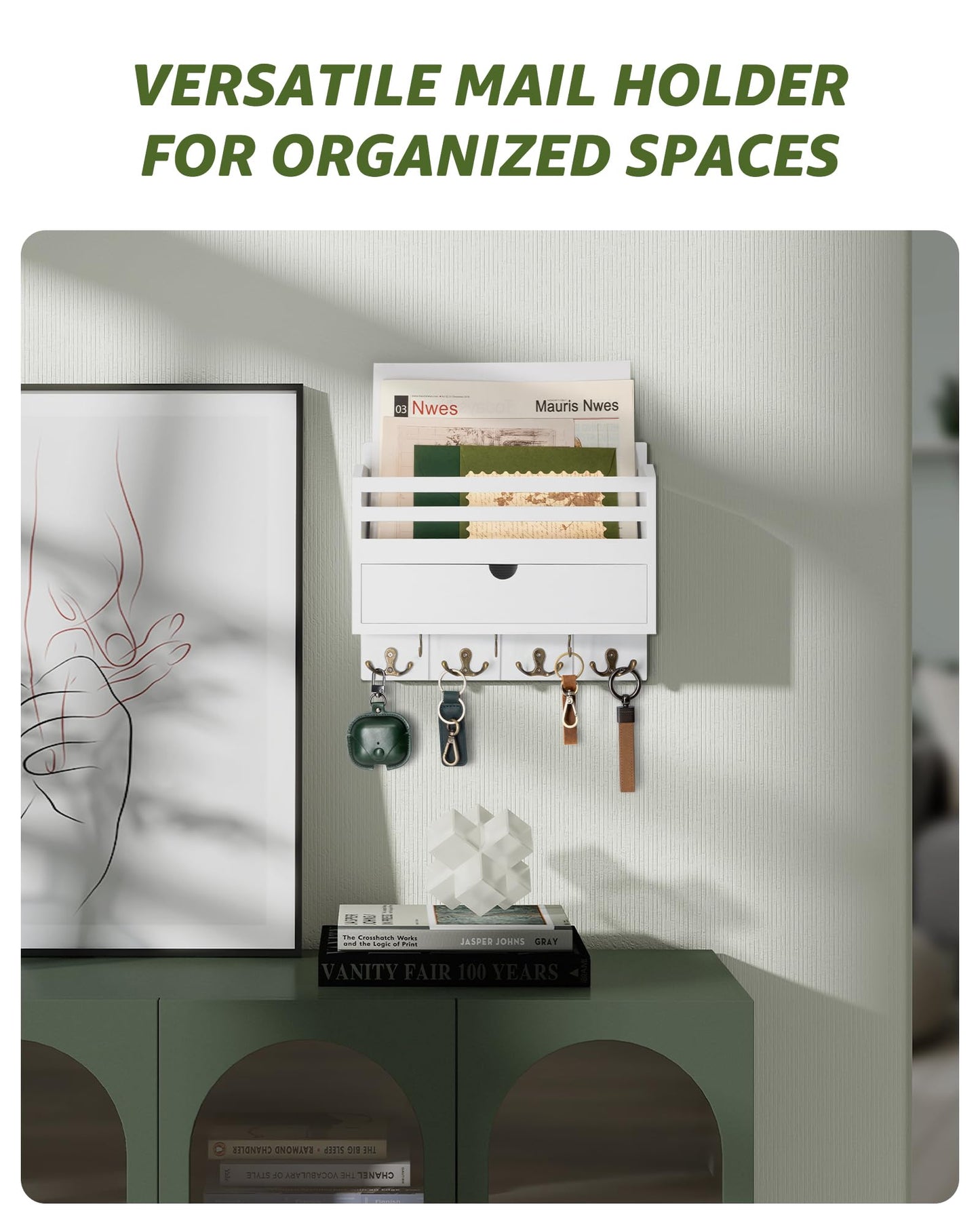 Rebee Vision Decorative Mail Organizer Wall Mount - Modern Key and Mail Holder for Wall with Drawer Organizer and 7 Key Hooks - Wall Decor Living Room for Apartment Essentials (White)