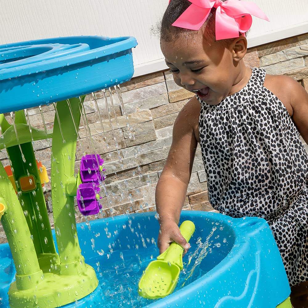 Step2 Summer Showers Splash Tower Water Table for Kids, Outdoor Kids Water Sensory Table, Ages 1.5+ Years Old, 8 Piece Water Toy Accessories, Blue & Green