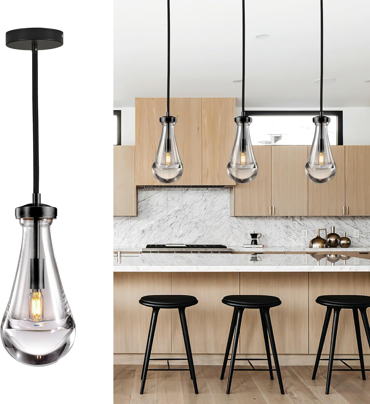 Raindrop Pendant Light Fixtures Set of 3, Black Glass Pendant Lighting, Hand BlownTeardrops Modern Hanging Light for Entryway Foyer Kitchen Island Dining Living Room Hallway