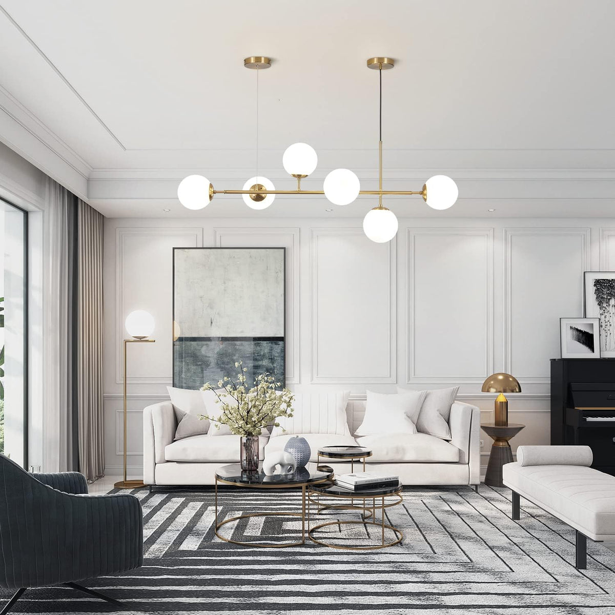 KCO Lighting Modern Globe Linear Chandelier 6 Light Milk Glass Chandeliers White and Gold Pendant Light Fixture Mid Century Rectangle Chandelier Brass Sputnik Island Lights for Kitchen