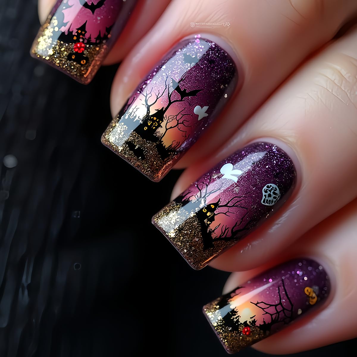 Halloween Press on Nail Short Square Ghost Fake Nails with Bat & Castle Designs Full Cover Gradient Stick on Nail Skull Pink False Nail for Women Halloween Glue on Nails Manicure Kit
