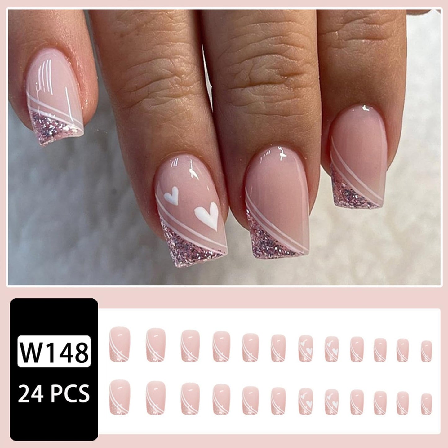 Puyokinm Press-on Nails, 24Pcs Pink Glitter Square, Medium False Nails with Jelly Glue, Full Cover, Acrylic ABS, Art Deco Style for Women Manicure