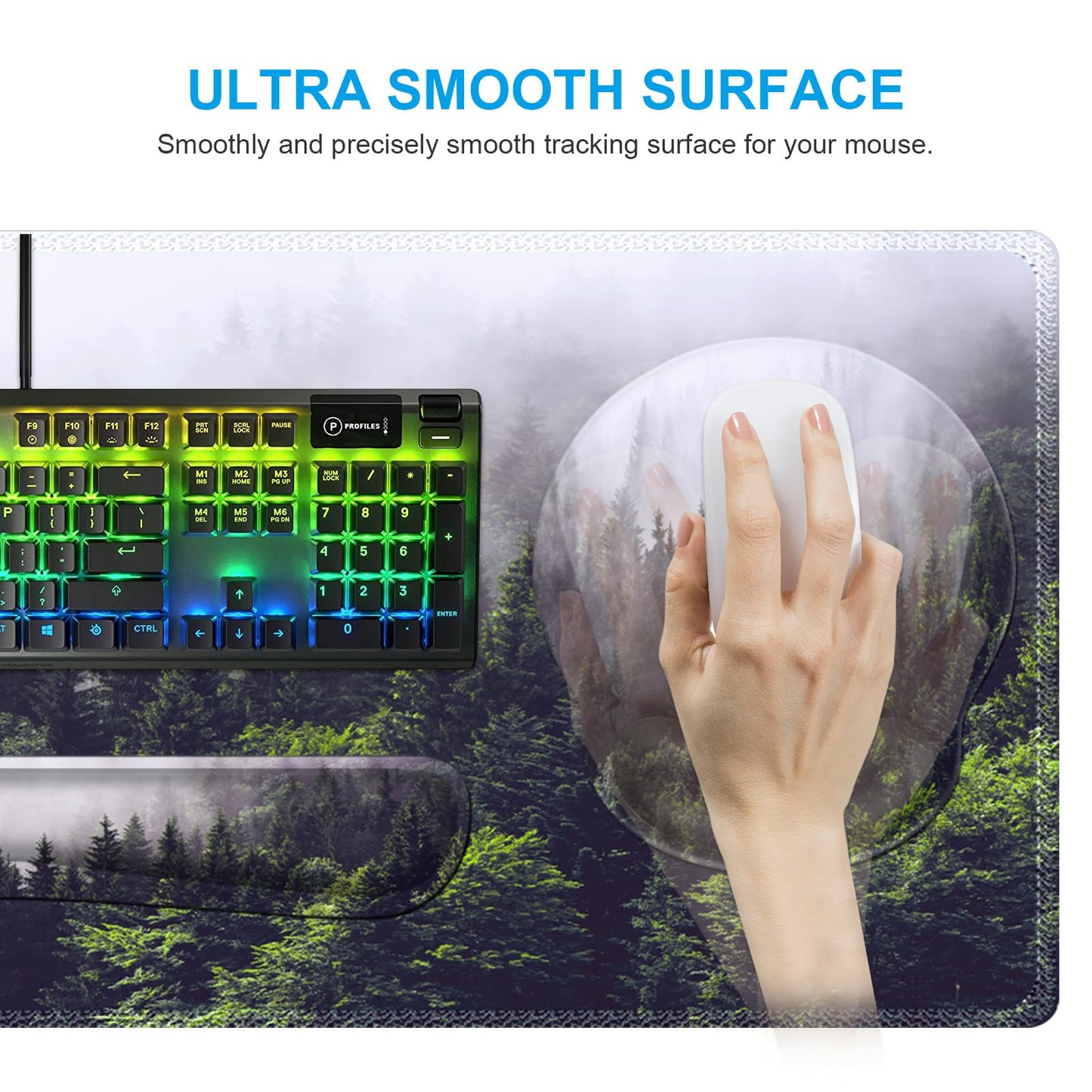 iCasso Desk Mat, Gaming Mouse Pad Wrist Support Set,4in1 XXL Large Mousepad + Keyboard Wrist Rest+Mouse Wrist Rest+Coaster Set with Ergonomic Design for Home Office Table Computer-Forest