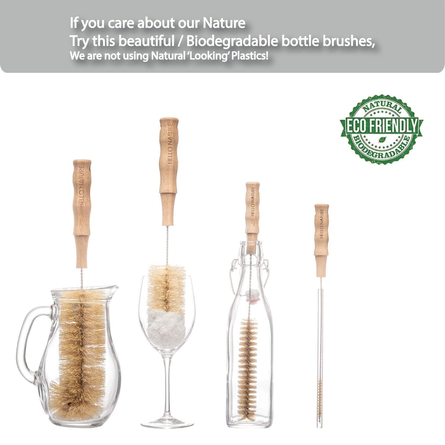 4 Pcs Bamboo Bottle Brush Set by HELLO NATURE – Long Handle Cleaning Brushes for Water Bottles, Baby Bottles & Glassware, Sustainable & Plastic-Free