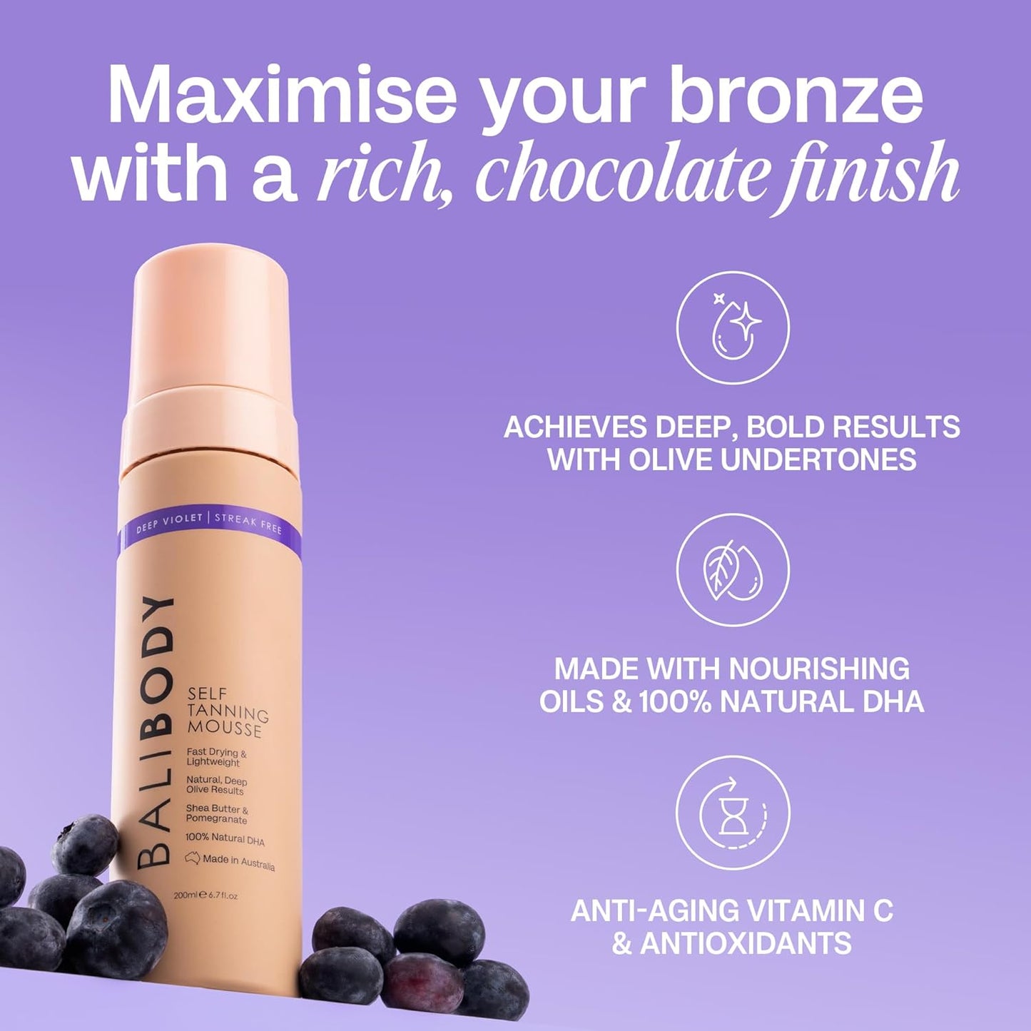 Bali Body Deep Violet Self Tanning Mousse – Self Tanner Mousse Violet-Based Formula for Dark, Fake Tan with Olive Undertones – Hydrating, Sunless Tanner for Sensitive Skin – 200ml / 6.7fl oz