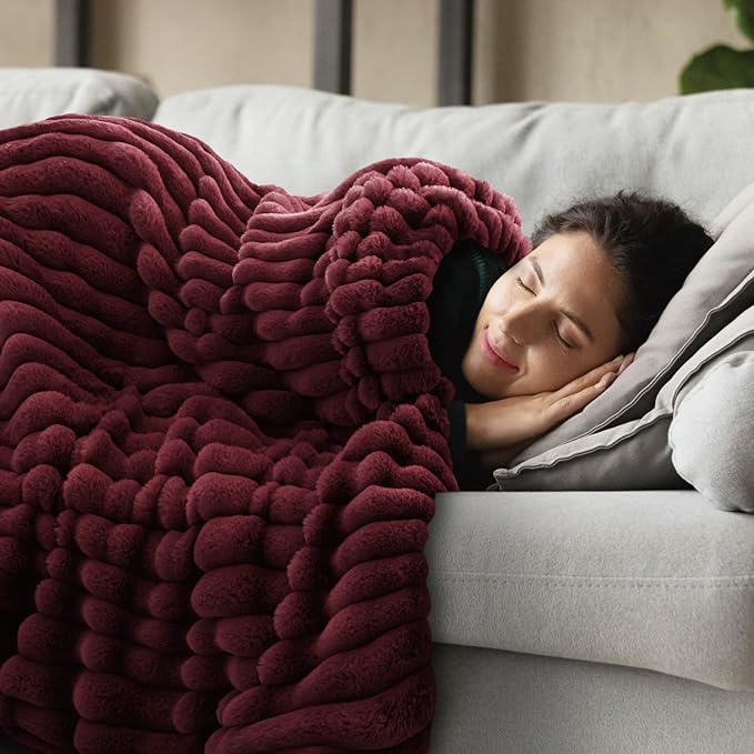 INFIIXSO Sherpa Throw Blanket for Couch - Super Soft & Warm Striped Fleece Blanket, Cozy Plush Fluffy Blanket All Season Use (Burgundy, 50x60 Inches)