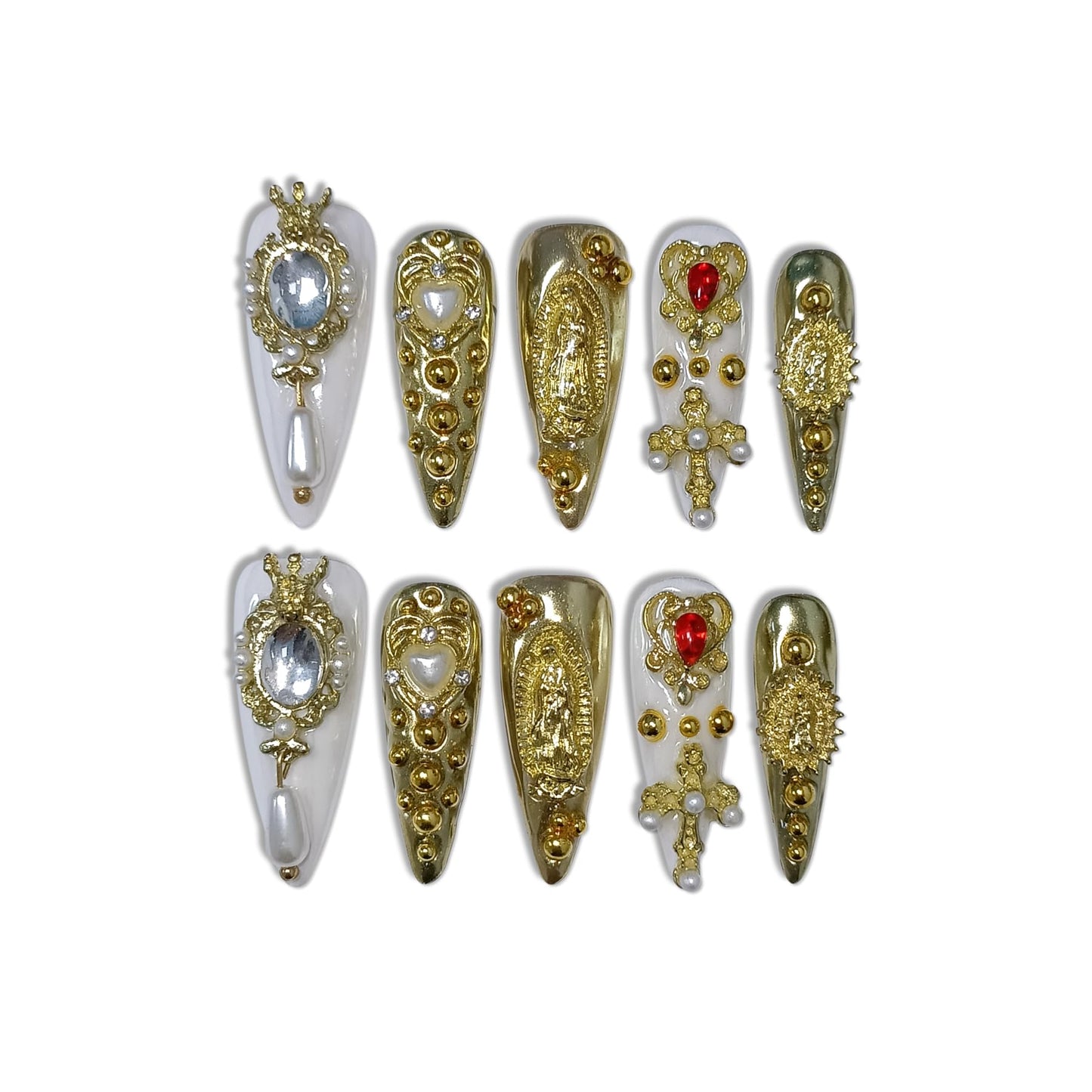 TENPAL 10Pcs Handmade Royal Press On Nails With Tools,Metallic Gold Long Stiletto Fake Nails with Pearl & Celestial Charms Designs,Sculpted 3D Baroque Acrylic Glue on Nails for Wedding Gothic Ball(L)