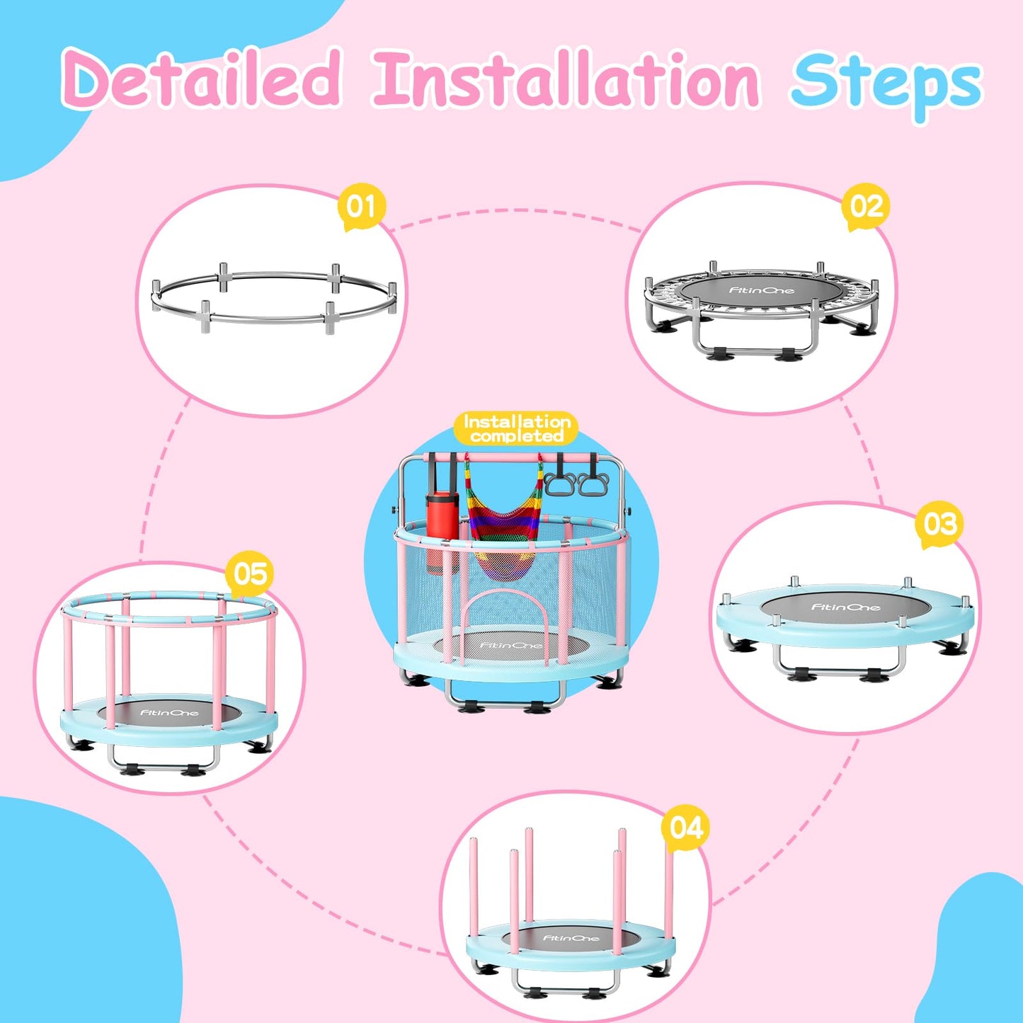 FitinOne 55" Toddler Mini Trampoline for Kids, Indoor Outdoor Toys with Swing, 440lbs Baby Kids Trampoline, Gymnastics Bar, Birthday Gifts for Boy Girl Age 1-8
