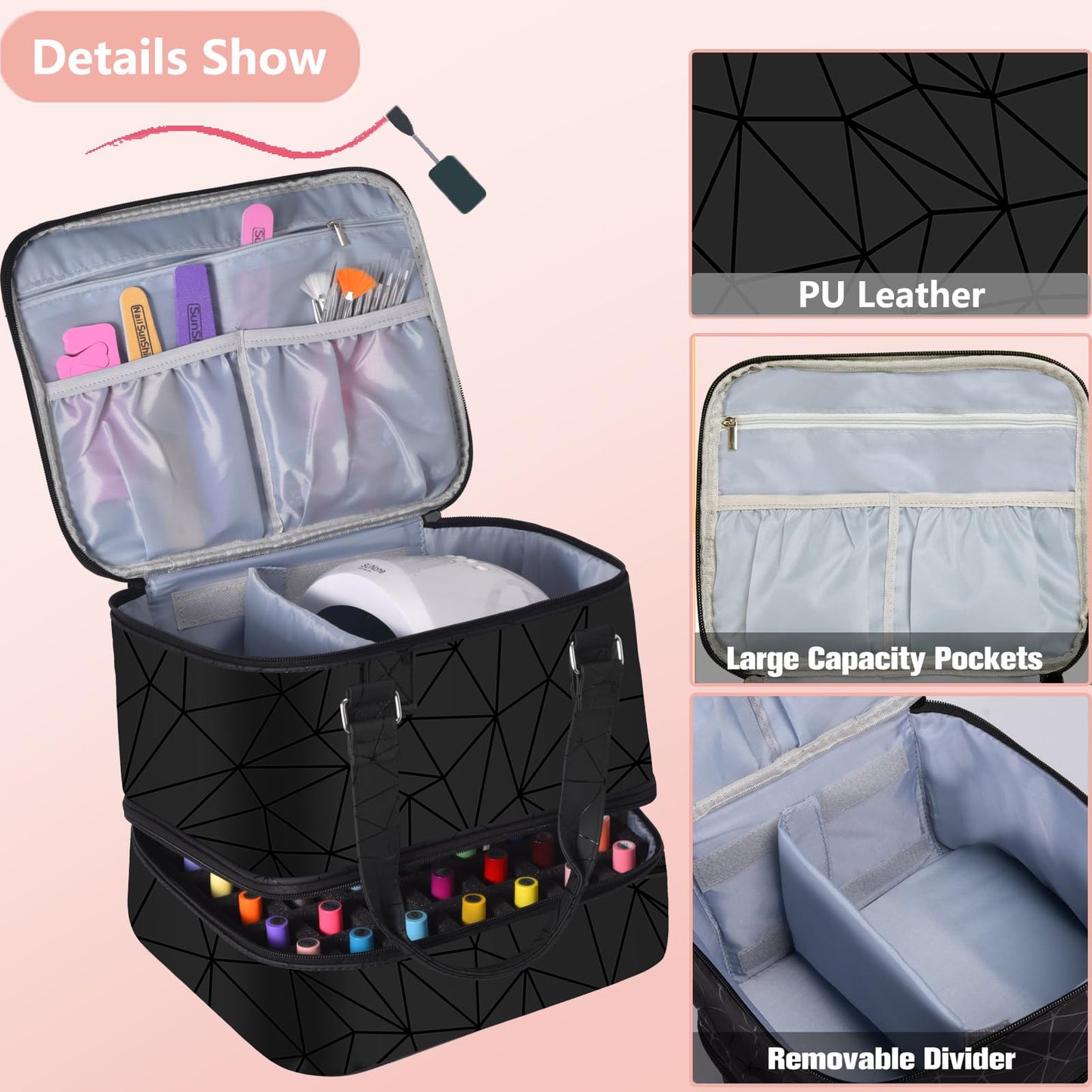 FCQQYWZ Nail Polish Organizer Case - Holds 42+ Bottles (15ml/0.5 fl.oz) and 1 Nail Lamp, Upgraded Double-layer Nail Polish Carrying Case Nail Storage Bag with Handles (Black)