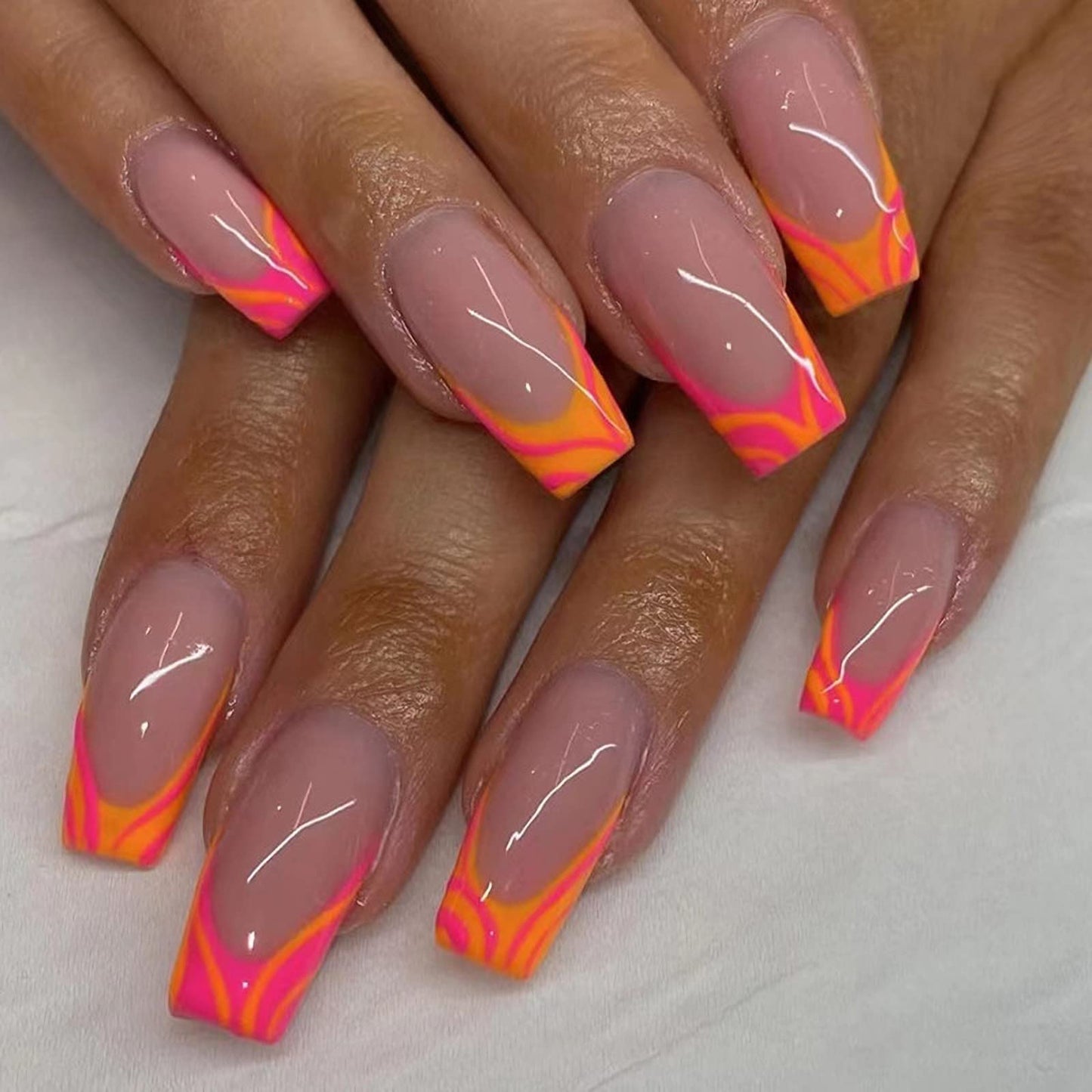 MISUD Press on Nails - Long Coffin Glue on Nails with French Tip, Acrylic Summer Orange Design 24 pcs