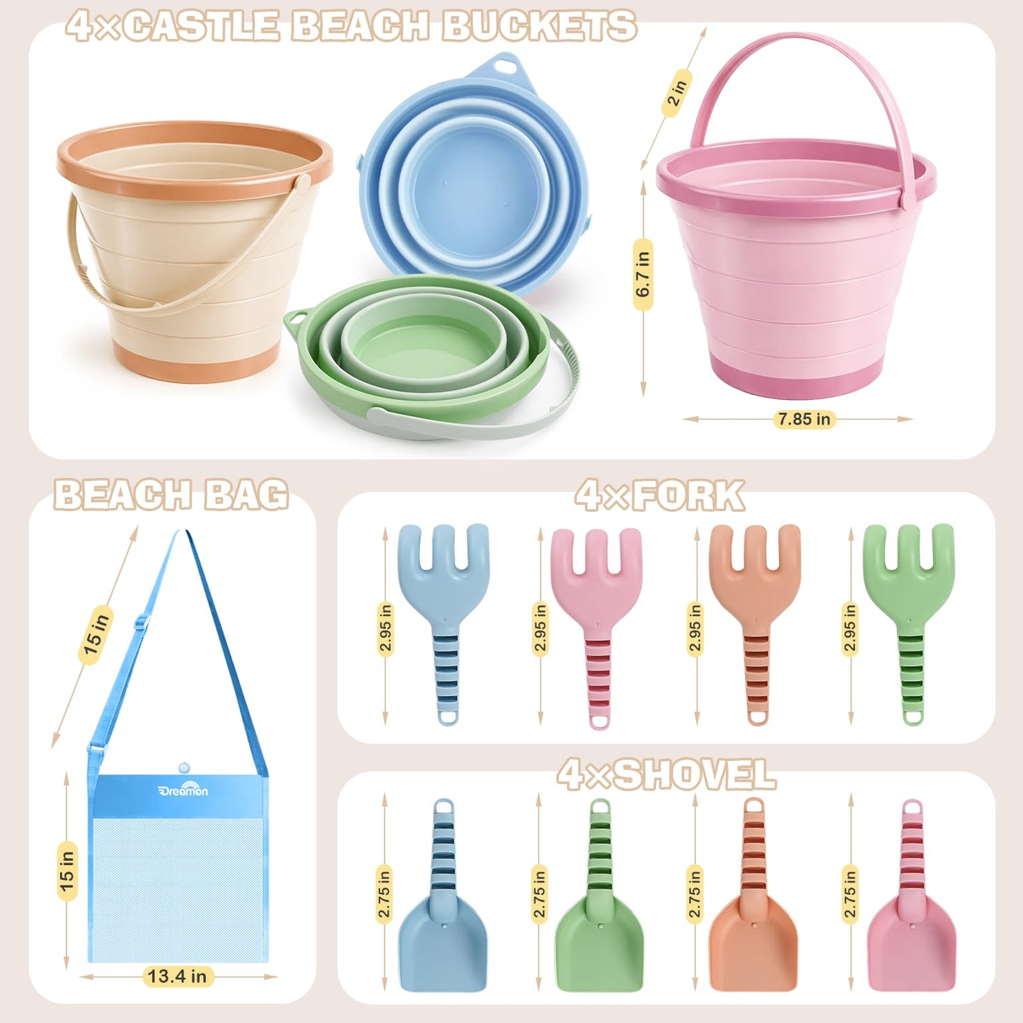Dreamon Beach Toys, 4 Pack Collapsible Sand Buckets for Kids, Shovels & Rakes Set with Mesh Bag, Kids Beach Essentials Sandcastle Building Kit for Beach Trip Outdoor Play and Summer Fun