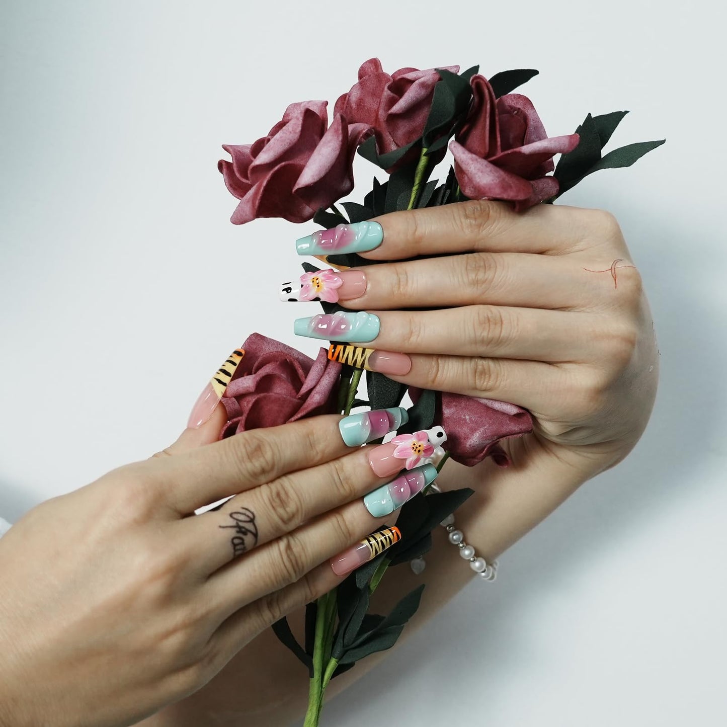 Tesytto Long Coffin Press on Nails Handmade Muti-Layer Gel Fake Nails - 3D Lotus Flowers & Tiger Print, French Tip Glossy Thick Acrylic Nails (Playful Zebra with Lotus,M)
