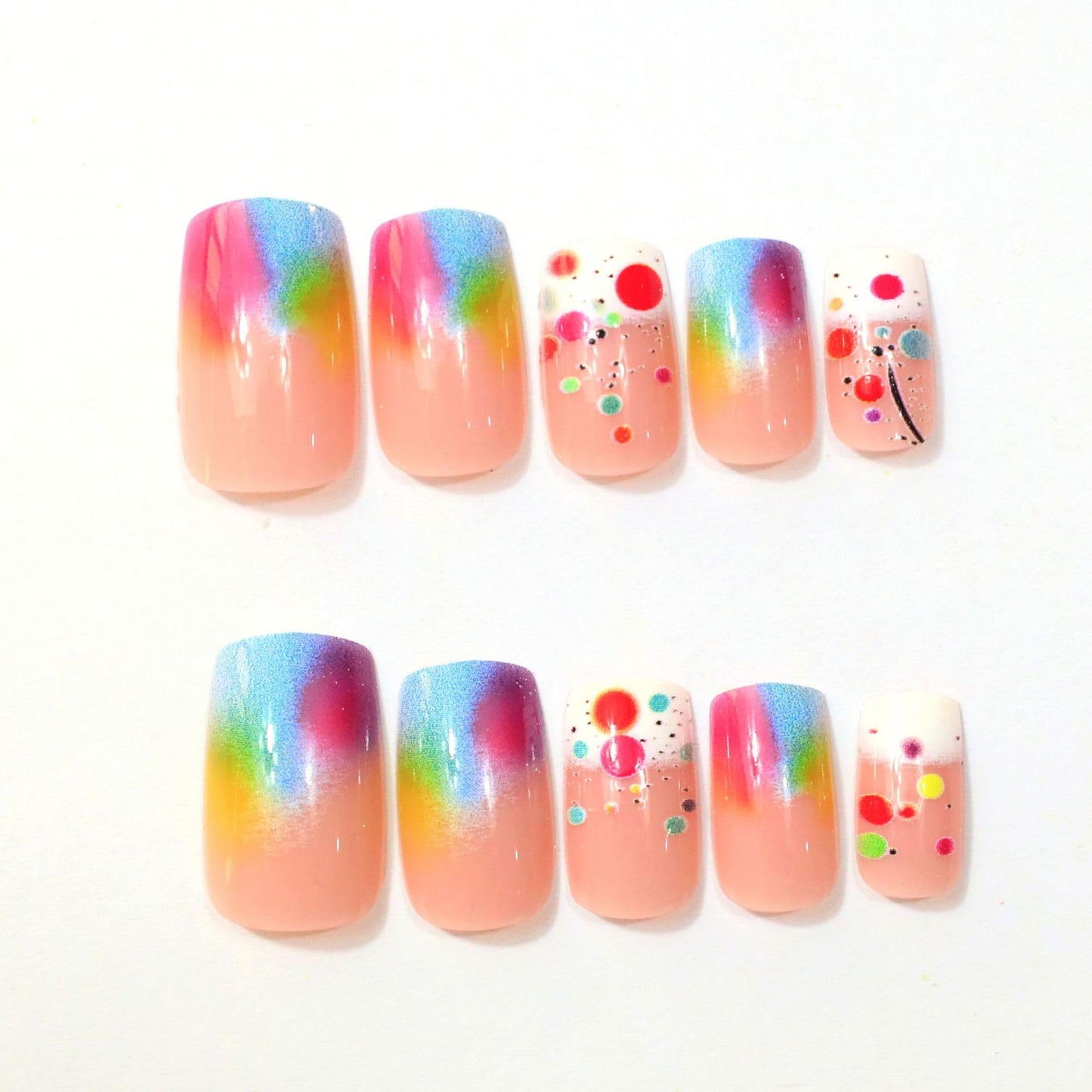 Ombre Press on Nails Medium Square Fake Nails with Colorful Polka Dots Design Acrylic False Nail Glossy Full Cover Stick on Nail Reusable Artificial Summer Nails for Women Manicure 24Pcs