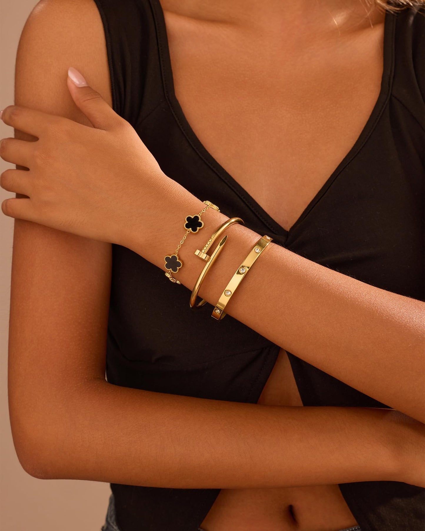 18K Gold Plated Stainless Steel Love Nail Bangle Clover Bracelet Set Stackable Dupes for Love Trendy Jewelry (Gold and Black)