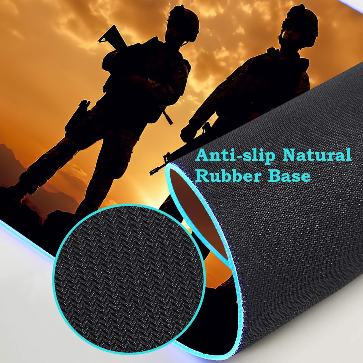 ZOXOHO RGB Gaming Mouse Pad with Coffee Coaster, Large Glowing LED Mouse Pad, Anti-Slip Rubber Base Computer Keyboard Desk Mouse Mat 31.5 X 11.8 Inch, American Army Troops Military