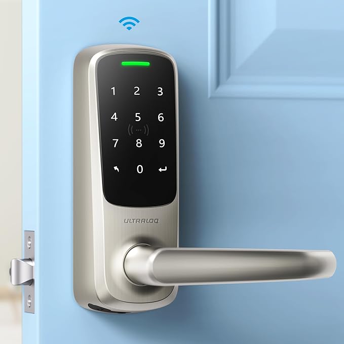 ULTRALOQ Latch 5 World's First Built-in WiFi Smart Lock with NFC, 5-in-1 Keyless Entry with App Control, Smart Door Handle Lock with Touch Digital Keypad, Satin Nickel