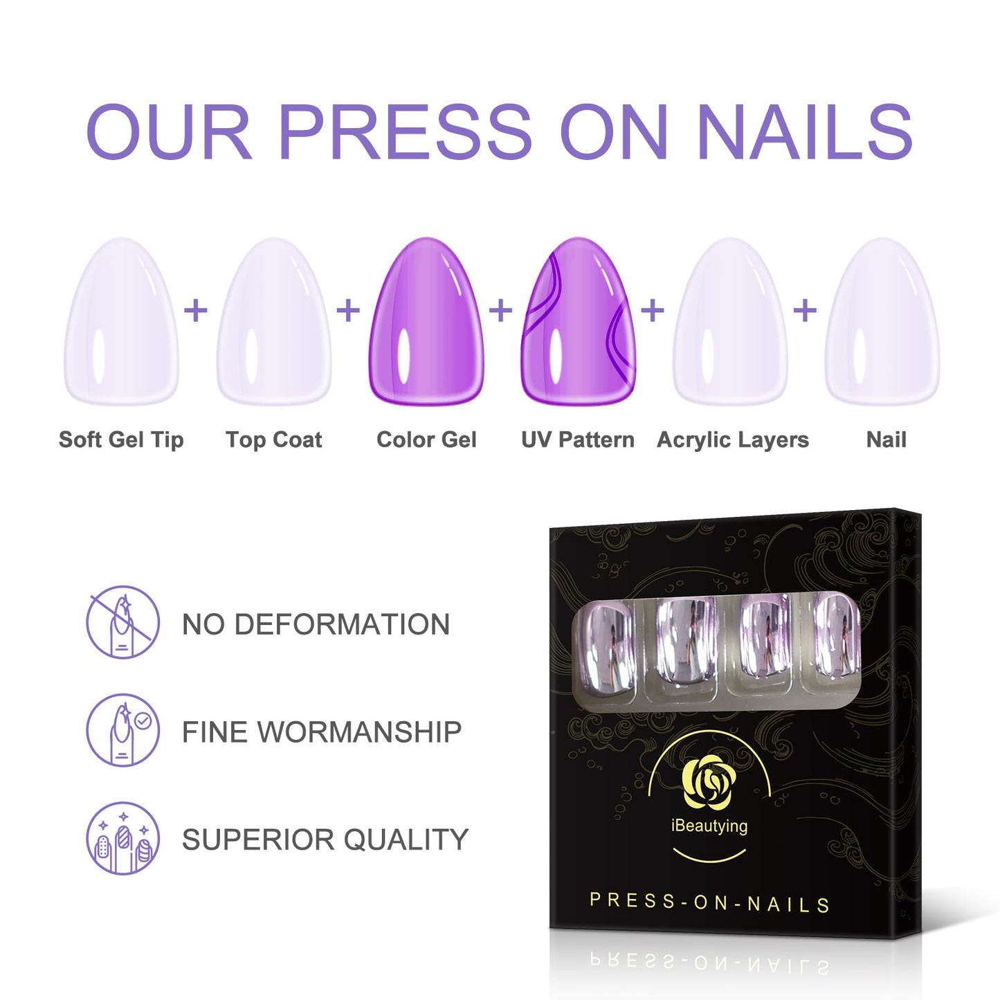 Metal Mirror Press on Nails - iBeautying False Nails - Light Purple Pink Finish Finger Daily Wear Nail - Short Square Acrylic Reusable Fake Nails 24pcs