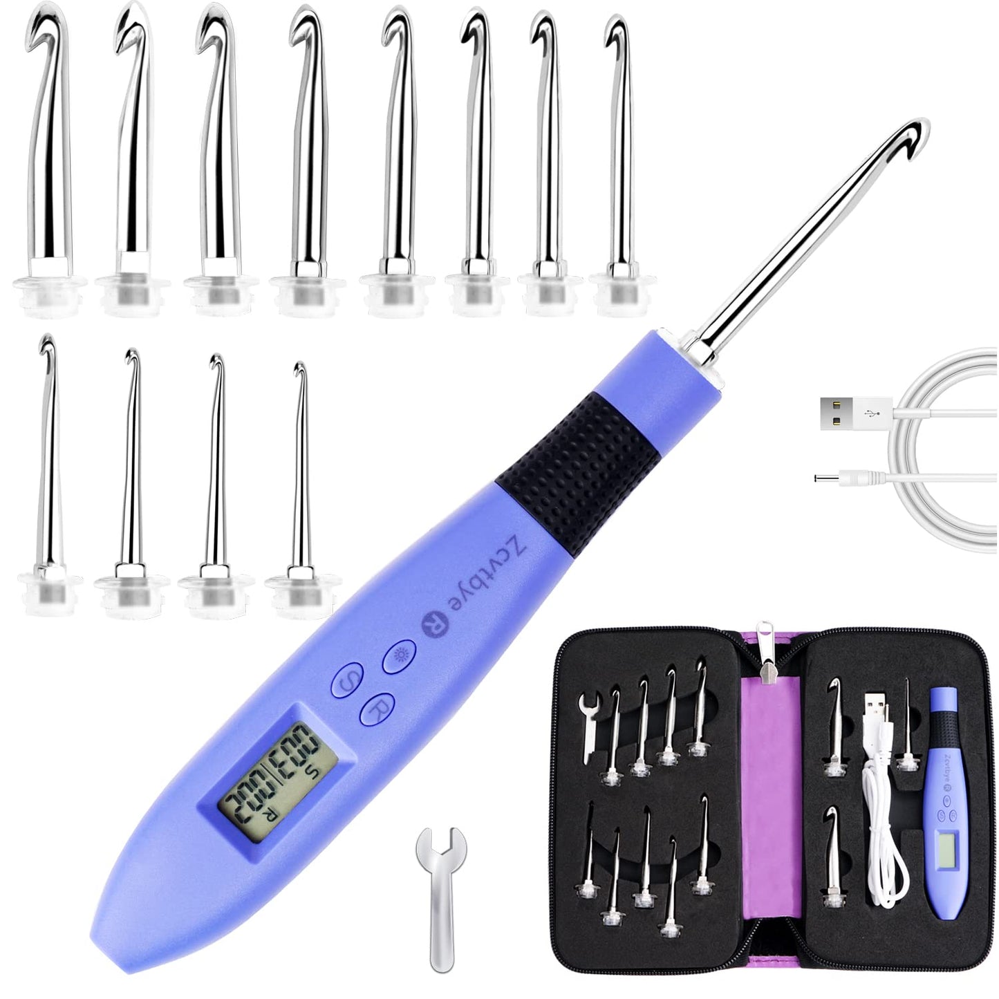 Counting Crochet Hook Set with Case – 12 Sizes Interchangeable Metal Heads (2.0–8.0mm), Rechargeable Light Up Crochet Hook with Digital Counter, Ergonomic Crochet Hooks Kit for Beginners & Experts
