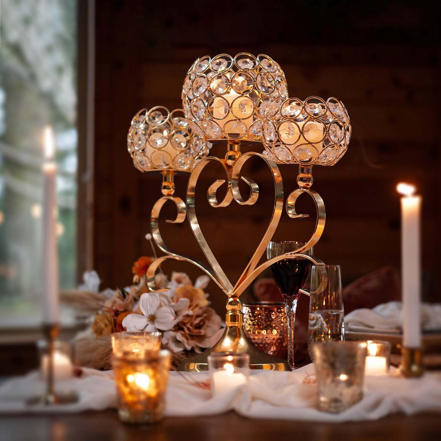 Kehail 2 Pcs 3-Arm Heart Tea Light Candle Holder - Crystal & Metal Wedding Centerpiece Decor, Sparkling Table Decor for Anniversaries/Romantic Tabletop Home/Dinner Party/Events (2, Gold)