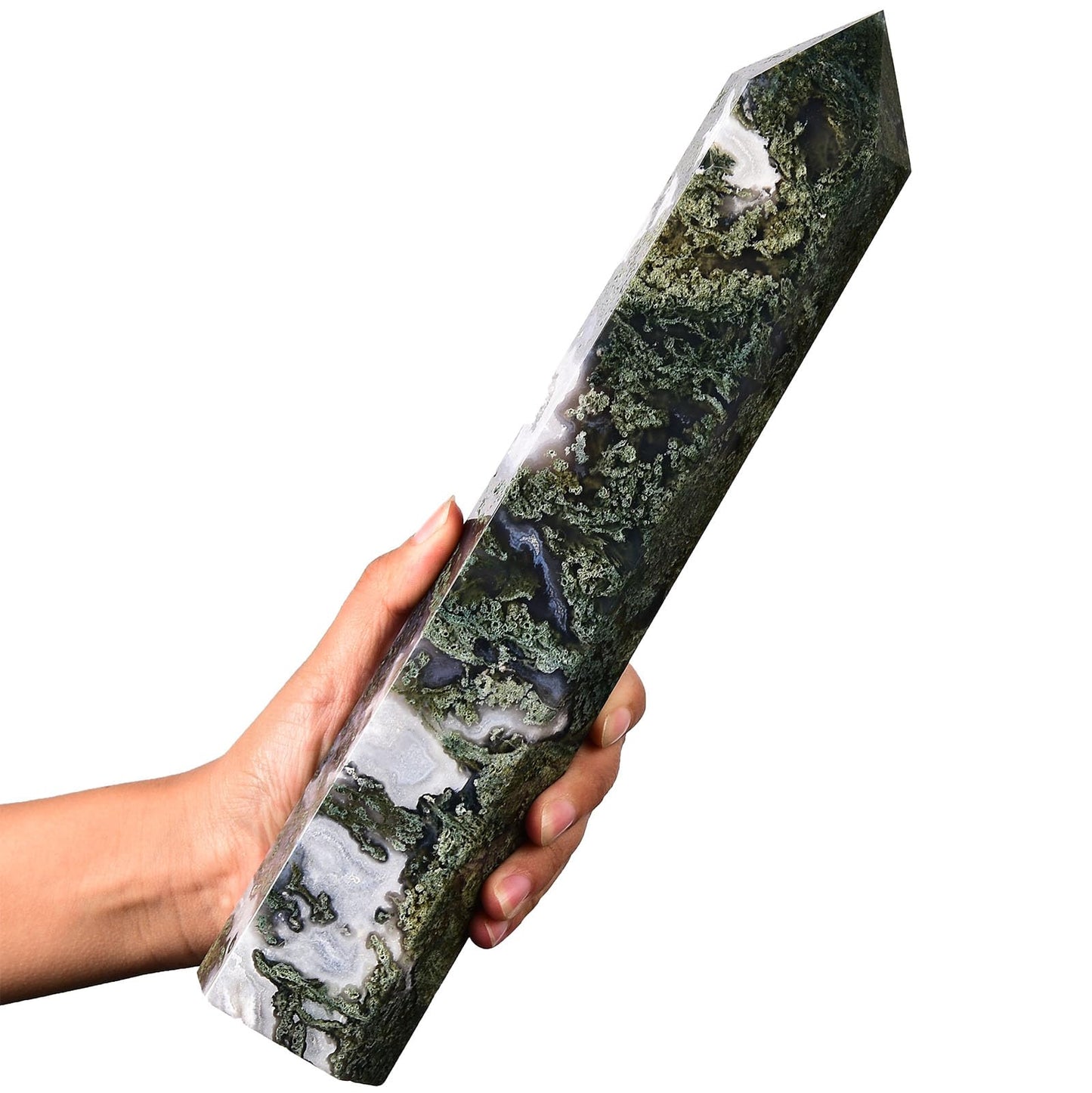 AMOYSTONE Extra Large Healing Crystal Obelisk Towers Moss Agate Point Wand Home Decor Reiki Healing 2.2-2.6LBS