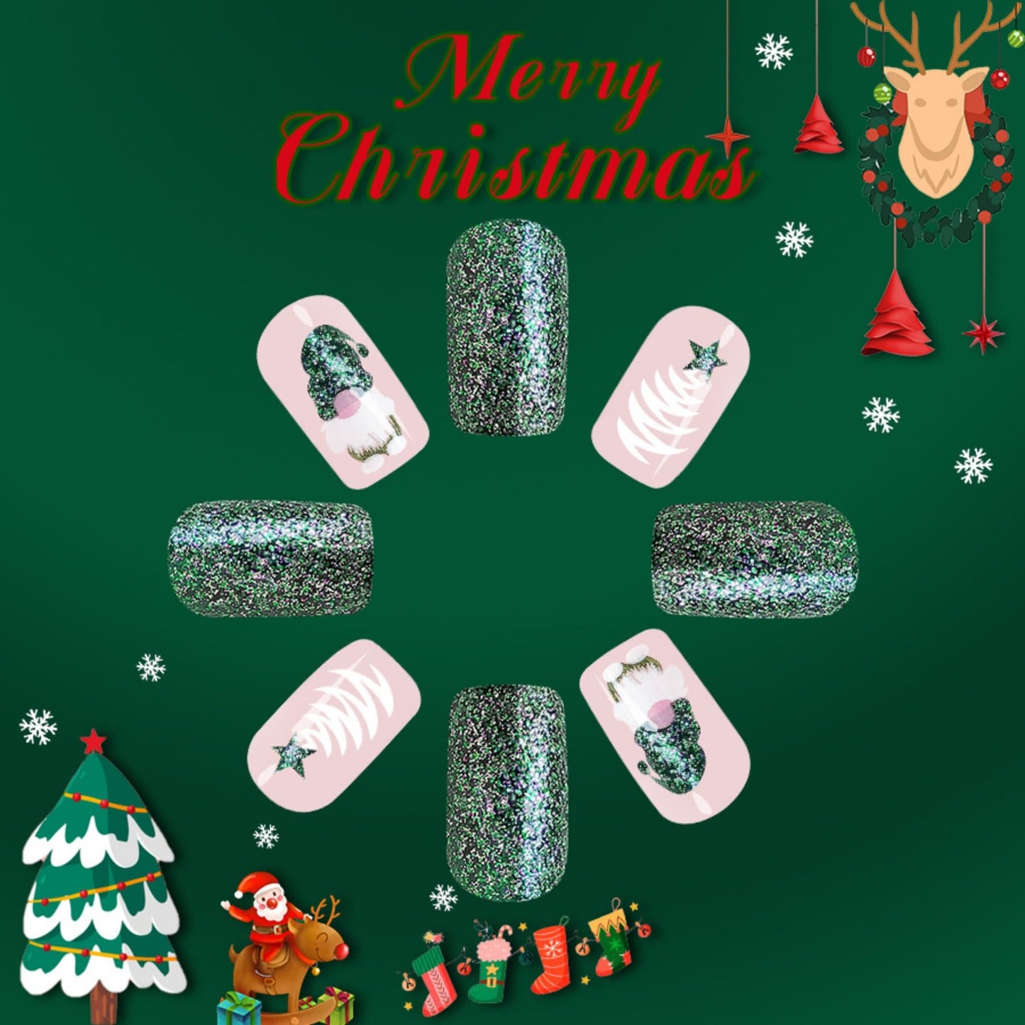 Christmas Green Press on Nails Medium Square Fake Nails with Santa Claus Dwarf Design Glossy False Nails Cute Christmas Nails Acrylic Nails Full Cover Glue on Nails Stick on Nails for Women 24Pcs