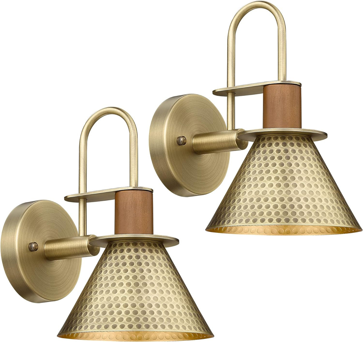 Industrial Wall Sconces Set of Two, HWH Indoor Wall Light Fixtures Gooseneck Barn Light, Single Wall Vanity Lamp for Bedroom Bedside Kitchen, Hammered Metal Shade, Antique Brass Finish, 5HZG74B-2L BG