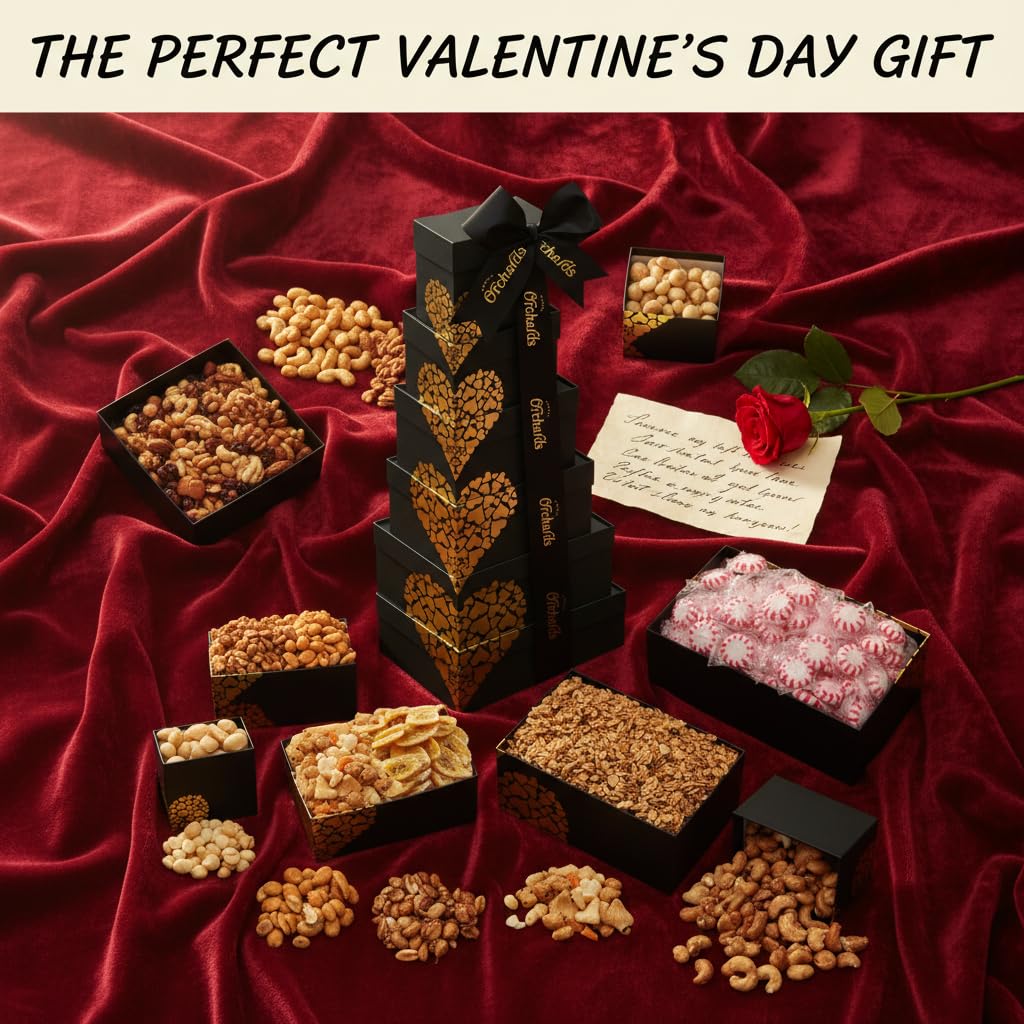 Mothers Day Nuts gift Basket Tower, Heart Design 6 Tier Food Baskets for Men and Women. Valentien Healthy Gift Basket.