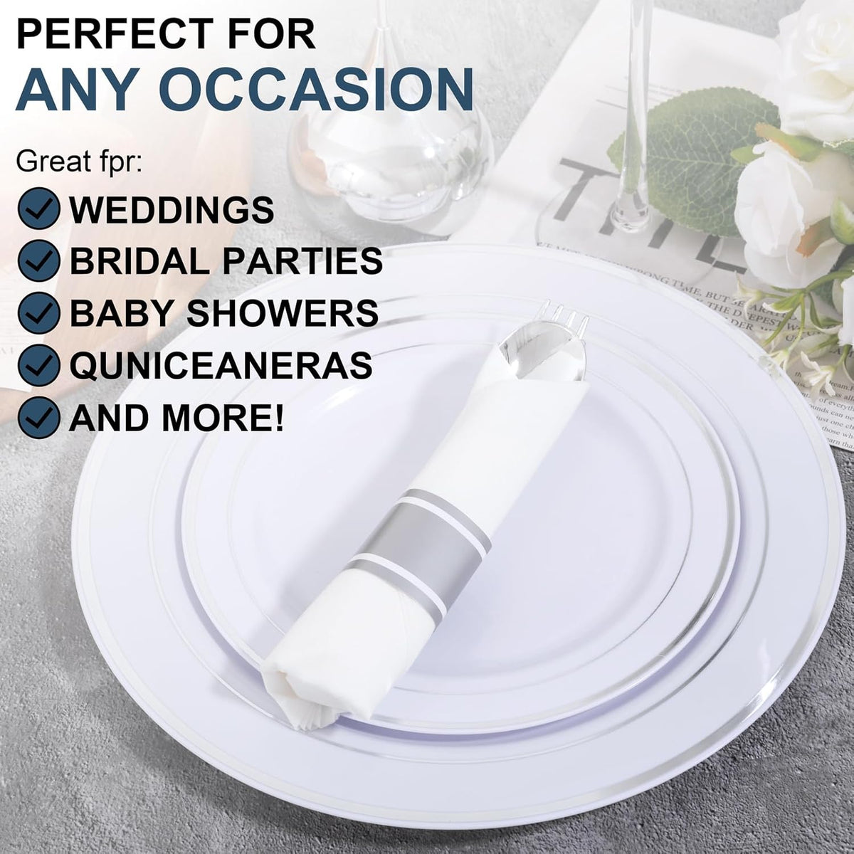 400PCS Wrapped Silver Plastic Silverware Sets - Heavy Duty Plastic Silverware Include Pre Rolled Disposable Utensils with Napkins for Parties & Dinners & Weddings