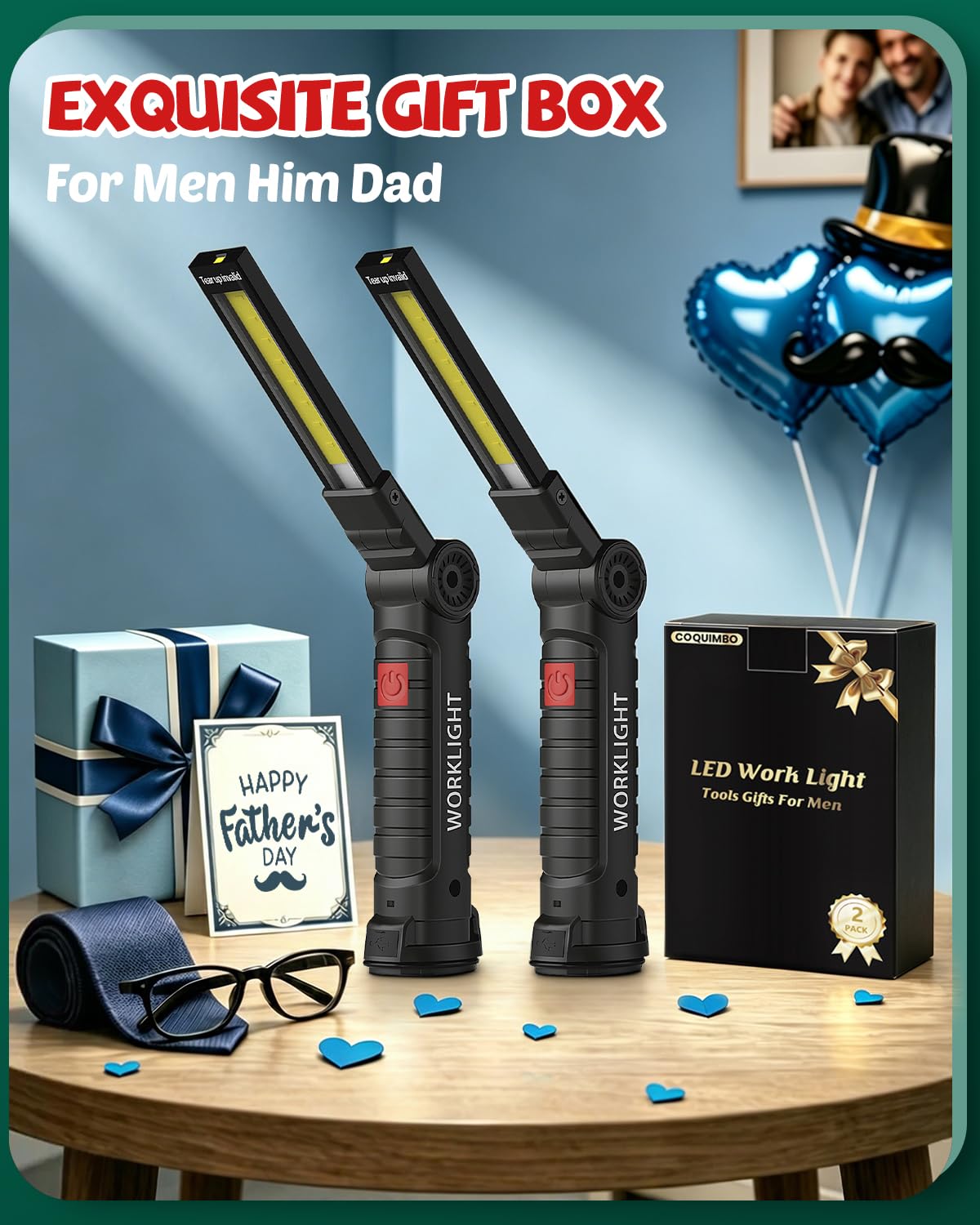 Coquimbo Tool Fathers Day Dad Gifts for Men Him Husband, Rechargeable LED Work Light BBQ Grill with Magnetic Base Hook, 360° Rotate Mechanic Flashlight Mens Easter Birthday Gifts (2 Pack Black)