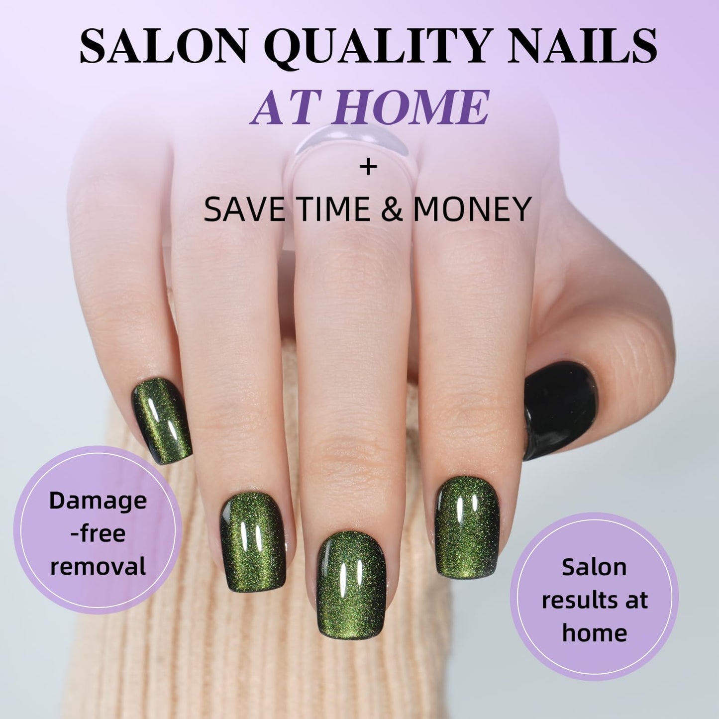 Green Cat Eye Press On Nails - Short Square Emerald Green Nails Press ons for Women, Reusable Glossy Fake Nails Kit with Glue, 30 Pieces in 15 Sizes